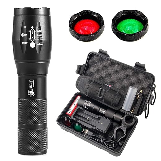 ULTRAFIRE A100 Tactical Flashlight, 900 Lumens 5 Modes LED Zoomable Hunting Flashlight Torch with Duty Belt Flashlight Holster, Red/Green/White Exchange Glass
