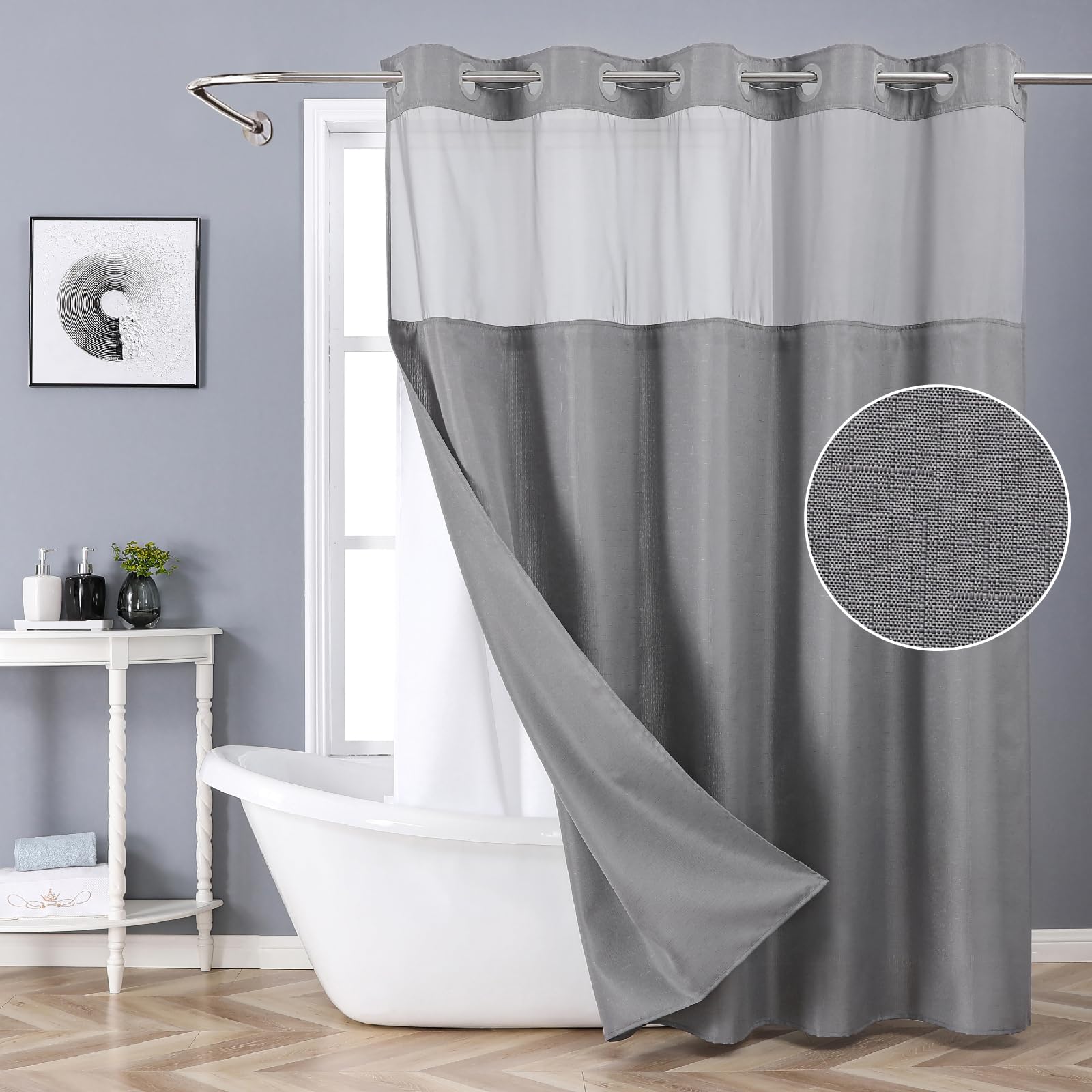 Grey No Hook Shower Curtain with Snap-in Fabric Liner Set,Slub Textured Fabric Shower Curtains for Bathroom,Hotel Style Modern Shower Curtain,Water Repellent & Washable,71x74(72)