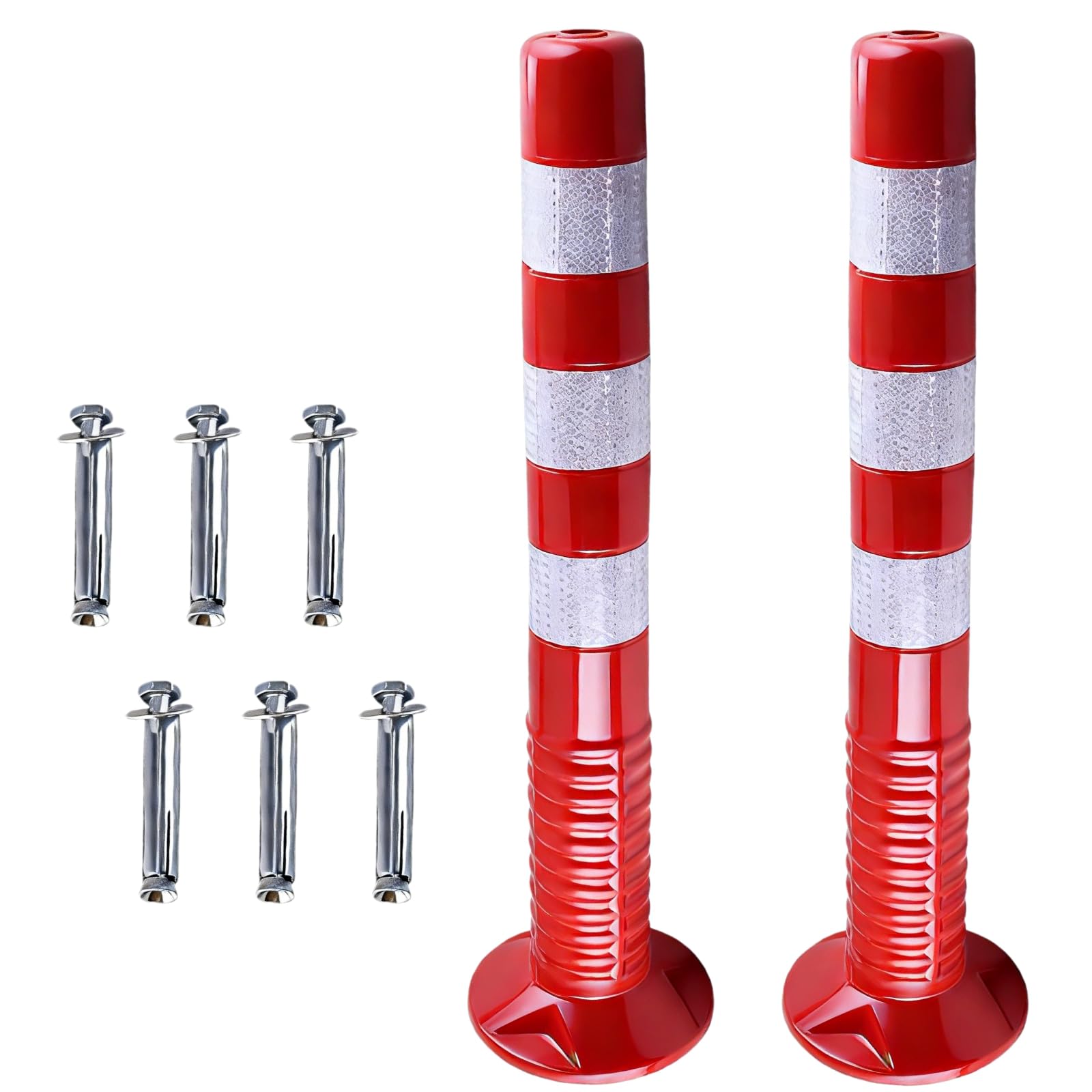 2 x Absperrpfosten 75 cm, Verstärkte Kunststoffpfosten mit Reflektoren & Schrauben, Poller aus flexiblem Polyurethan, selbstaufrichtender Flexible Verkehrspfosten für Verkehrssicherheit, Rot
