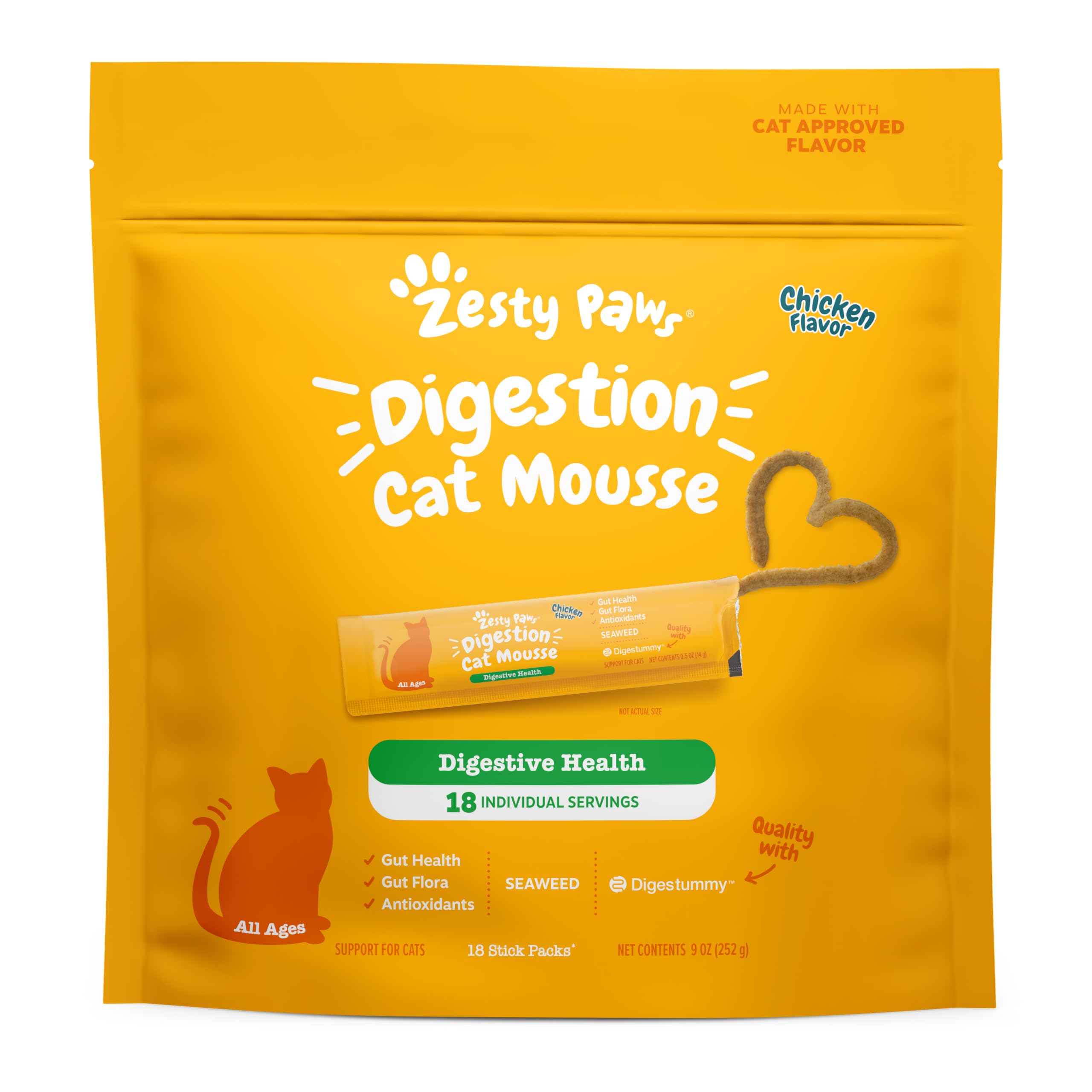 Zesty Paws Cat Mousse Squeezies Puree Cat Treats for Digestion - with Seaweed, Omega Fatty Acids, Antioxidants - Support for Digestive Health Cats - Chicken Flavor - 18 Count
