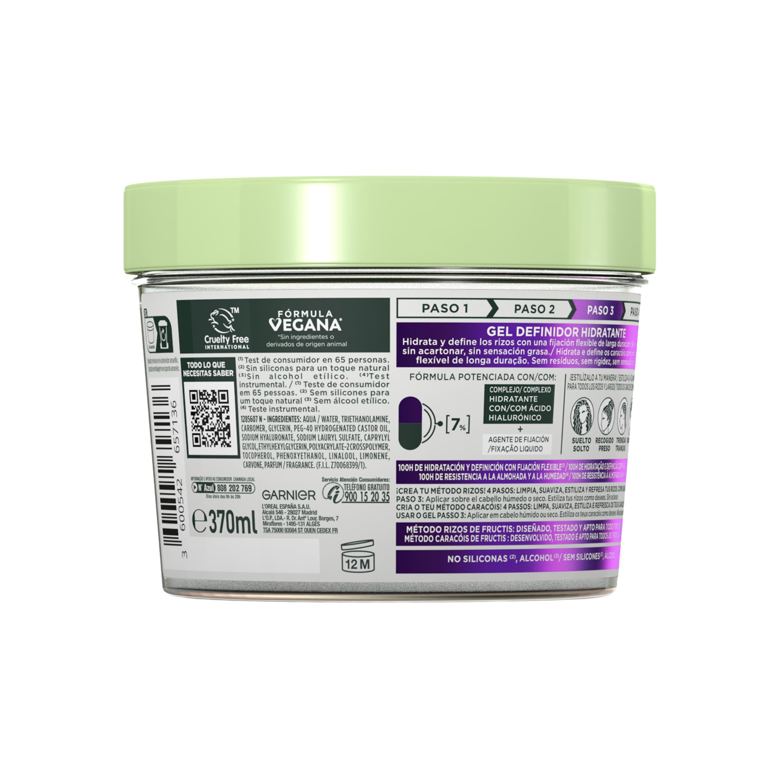 Garnier Fructis Curls Method Flexi Hold Gel Paso 3 Gel de peinado hidratante para todo tipo de rizos, 100H hidratación, ácido hialurónico
