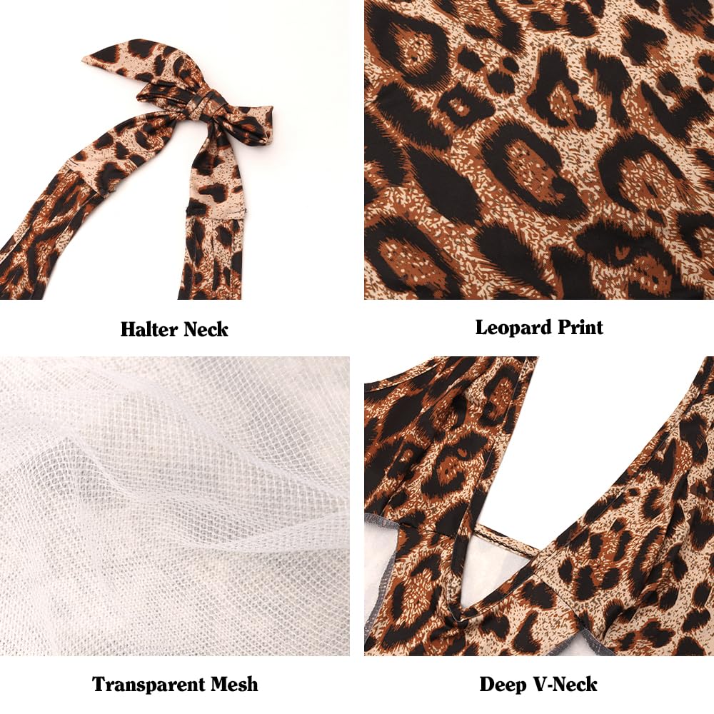 Feng Shui Damska bielizna dla lalki Teddy Body Seksowna panterka Prześwitująca siateczka Przezroczyste peniuary Bielizna nocna, Halter Strap V Koszula nocna Bielizna nocna Niegrzeczna bielizna bez