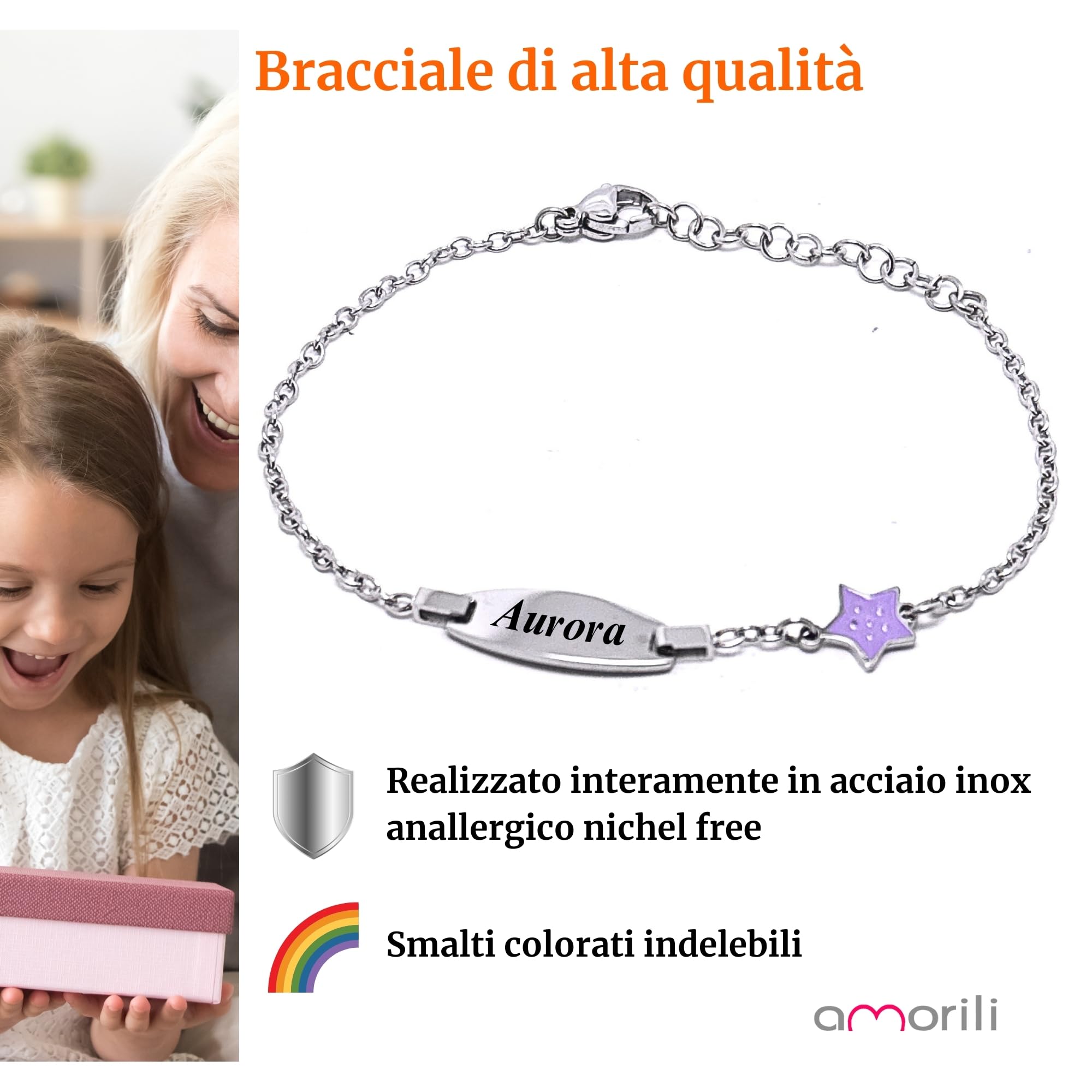 amorili Bracciale Bambina con Stellina Personalizzabile – Acciaio Inox Anallergico – Idea Regalo Battesimo, Compleanno, Nascita – Made in Italy bcc3106