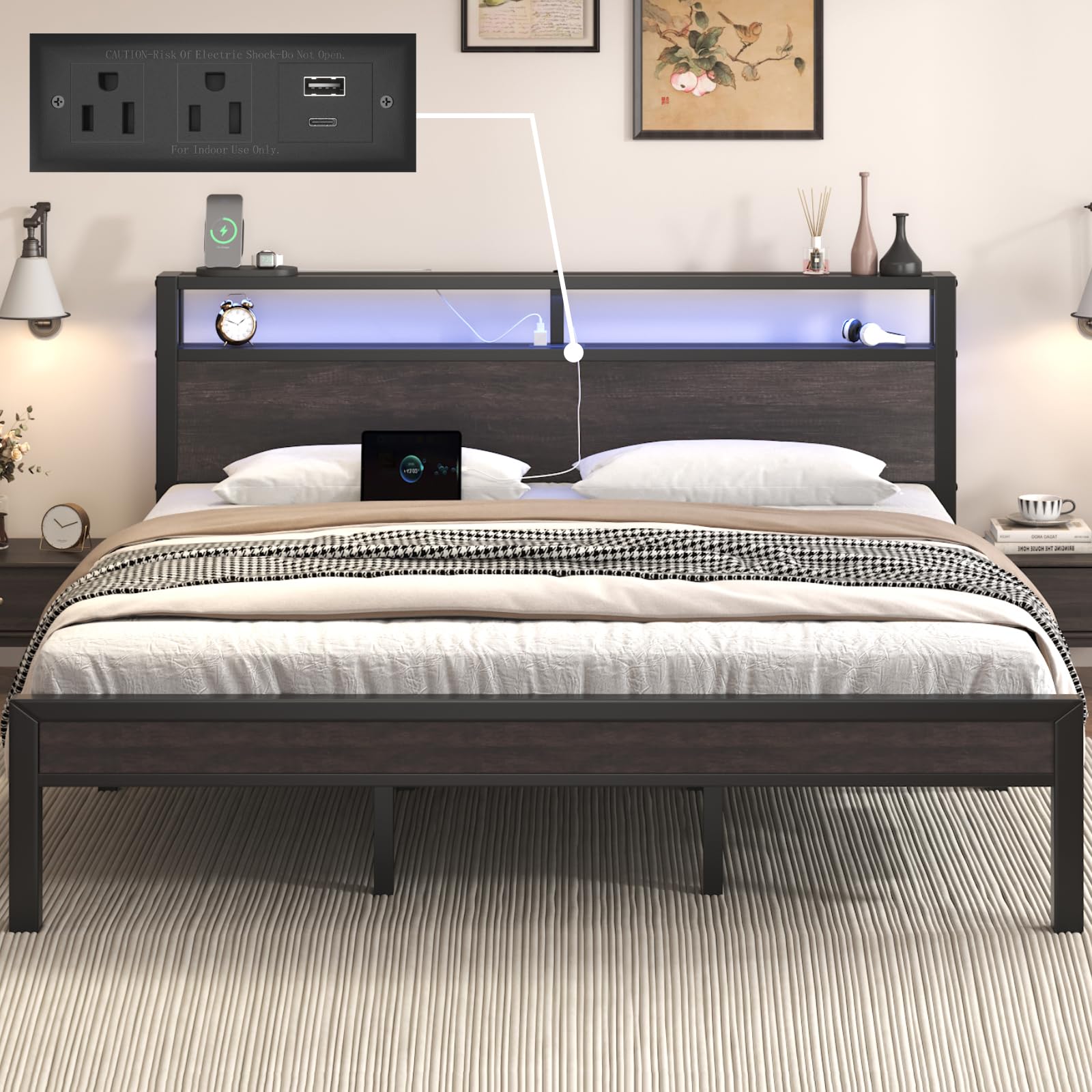 King Size Bed Frame with LED Lights and Charging Station Wood Storage Headboard with 2-Tier Shelves Heavy Duty