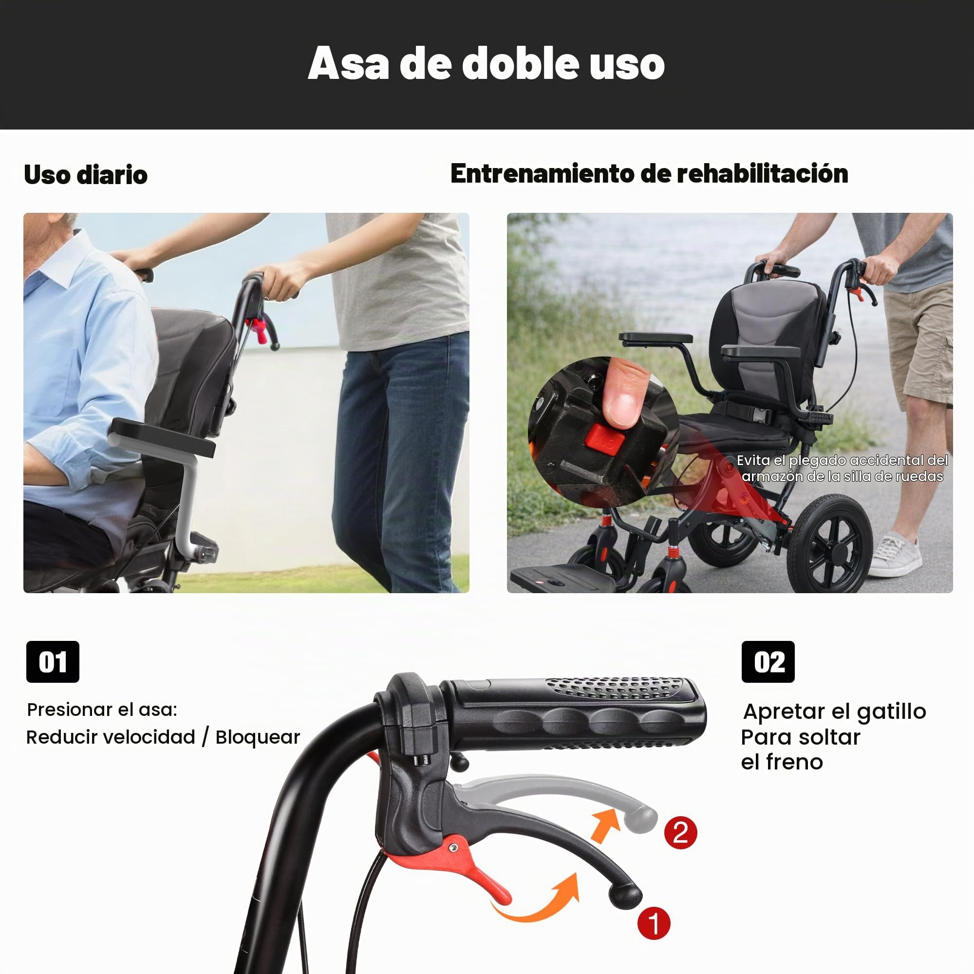 Silla De Transporte Plegable Ligera WHLICKS Para Adultos Y Ancianos, Silla De Viaje Portátil Con Cojín Extraíble Y Ruedas De 12 Pulgadas, Silla De Ruedas Ergonómica Con Altura Ajustable