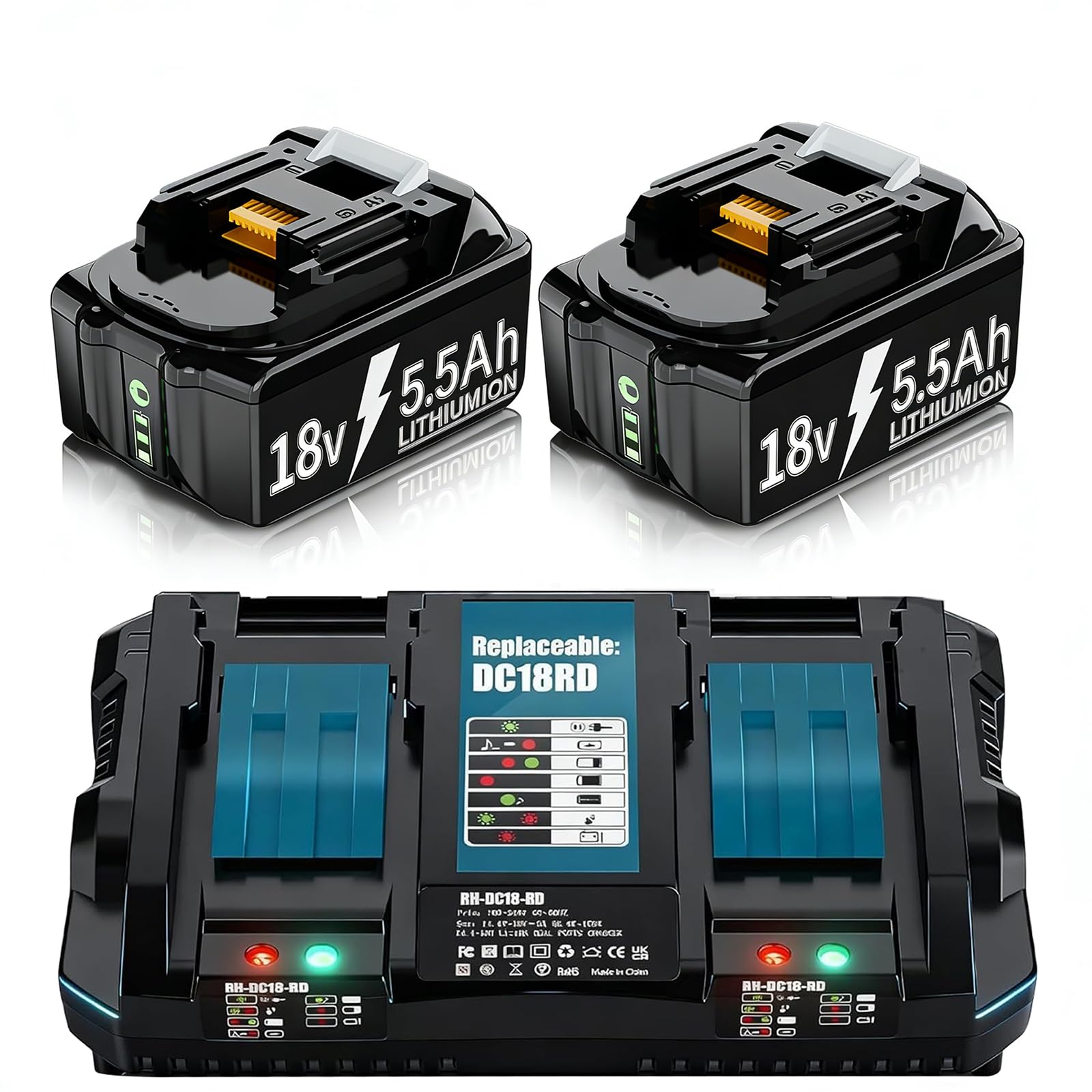 2x 18V 5.5Ah Battery Replacement for Makita 18V Batteries + 6A Dual Port Charger Compatible with Makita14.4V-18V BL1850B BL1830 BL1840 BL1860 & DC18RD DC18RC DC18RCT DC18SF Charger