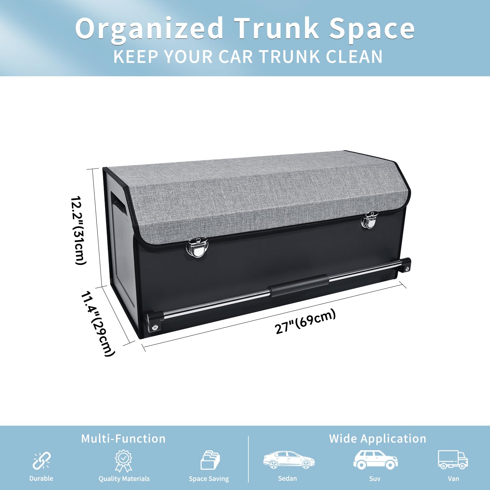 XCF SUV Trunk Organizer, Collapsible Car Trunk Organizer with Lid and Sturdy Handle Car Trunk Leather Storage Box SVU Cargo Storage (Grey, 27.1 x 11.4 x 12.2in)