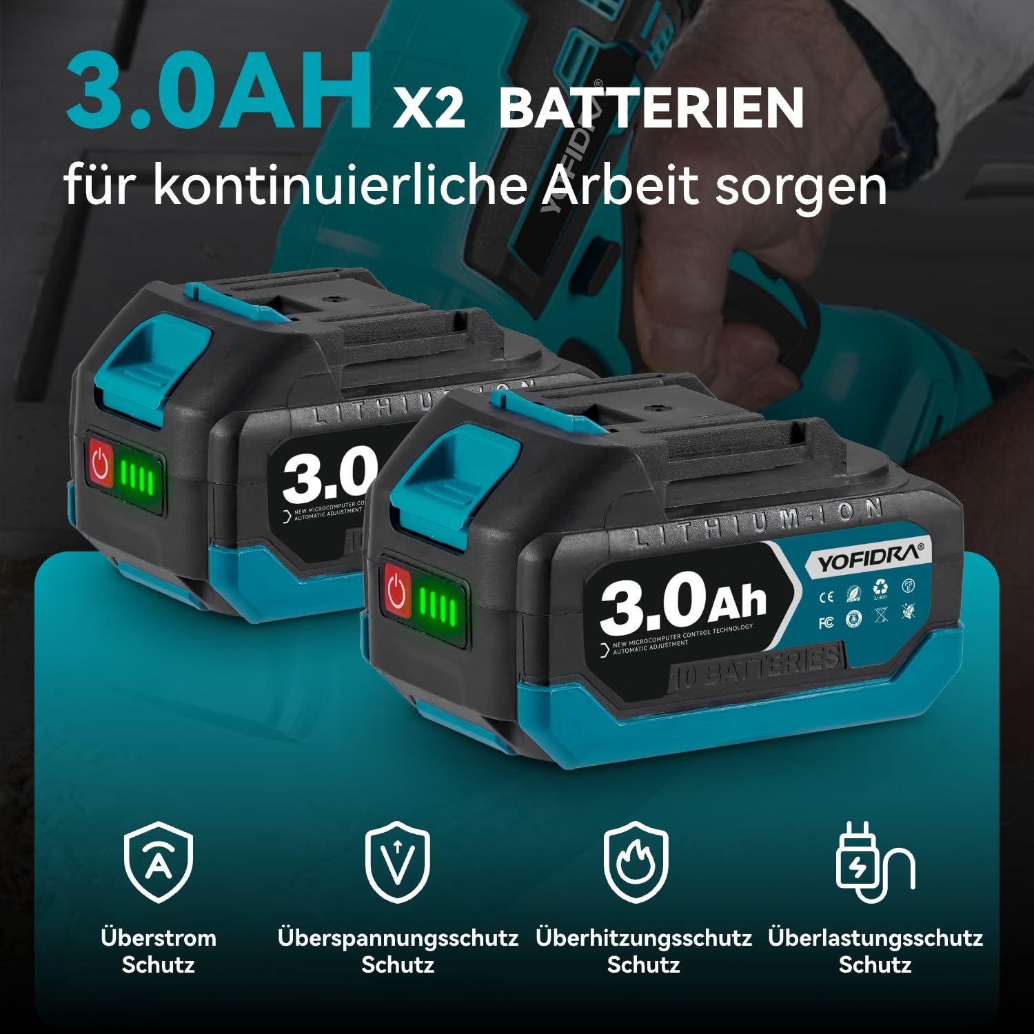 Yofidra Pistola ad Aria Calda, 500°C Max, 9 Velocità, Pistola Termica a Batteria, con Display LCD, 3 Ugelli, 2 Batterie 3,0 Ah Ideale per Rimozione Vernice, Lavori Artigianali e Fai Da Te