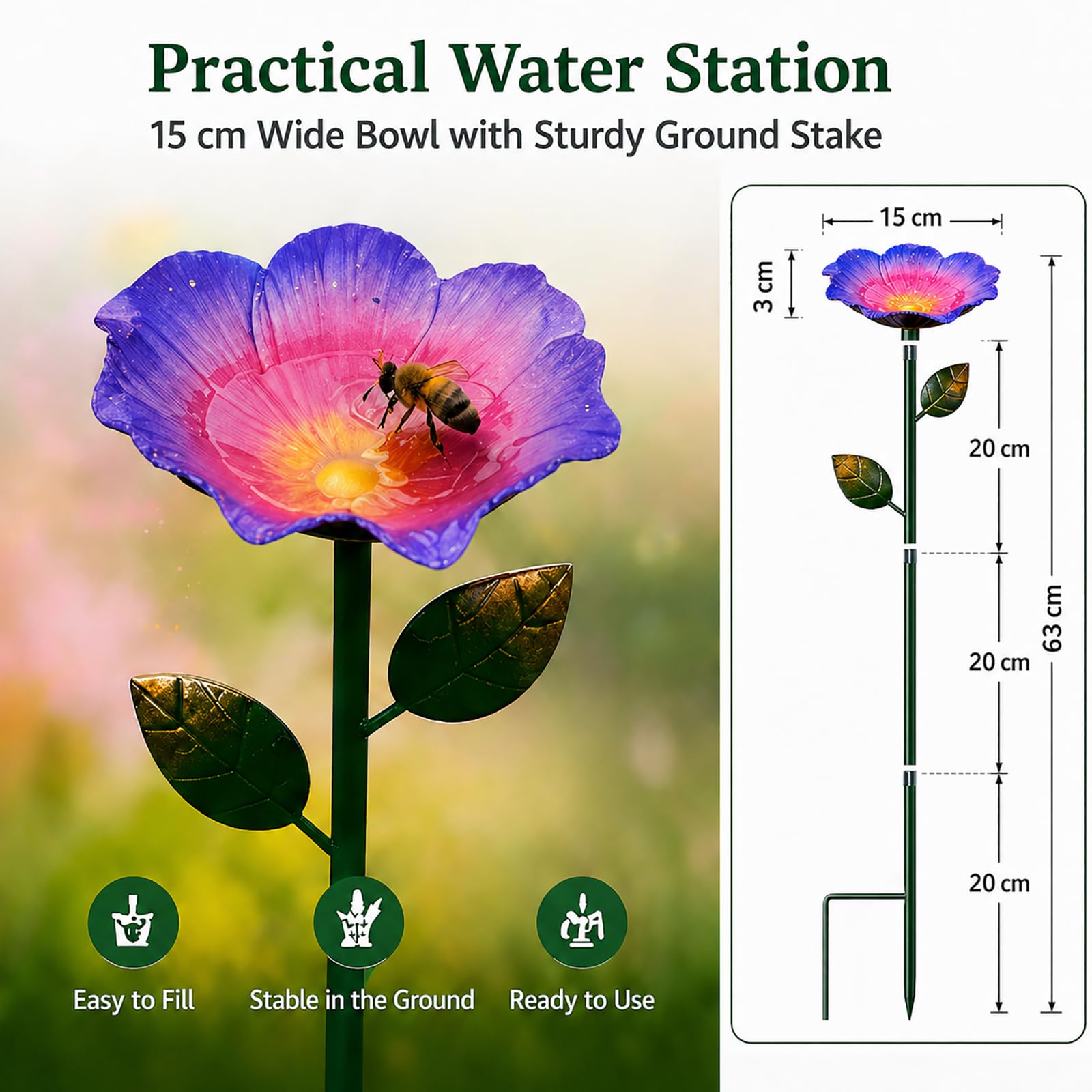 Abreuvoir Abeilles Jardin, 15cm Grand Abreuvoir à Abeilles Métal en Forme de Fleur avec Tuteur, Station d'eau pour Abeilles, Insectes & Papillons, Décoration de Jardin Extérieur (3 pièces)