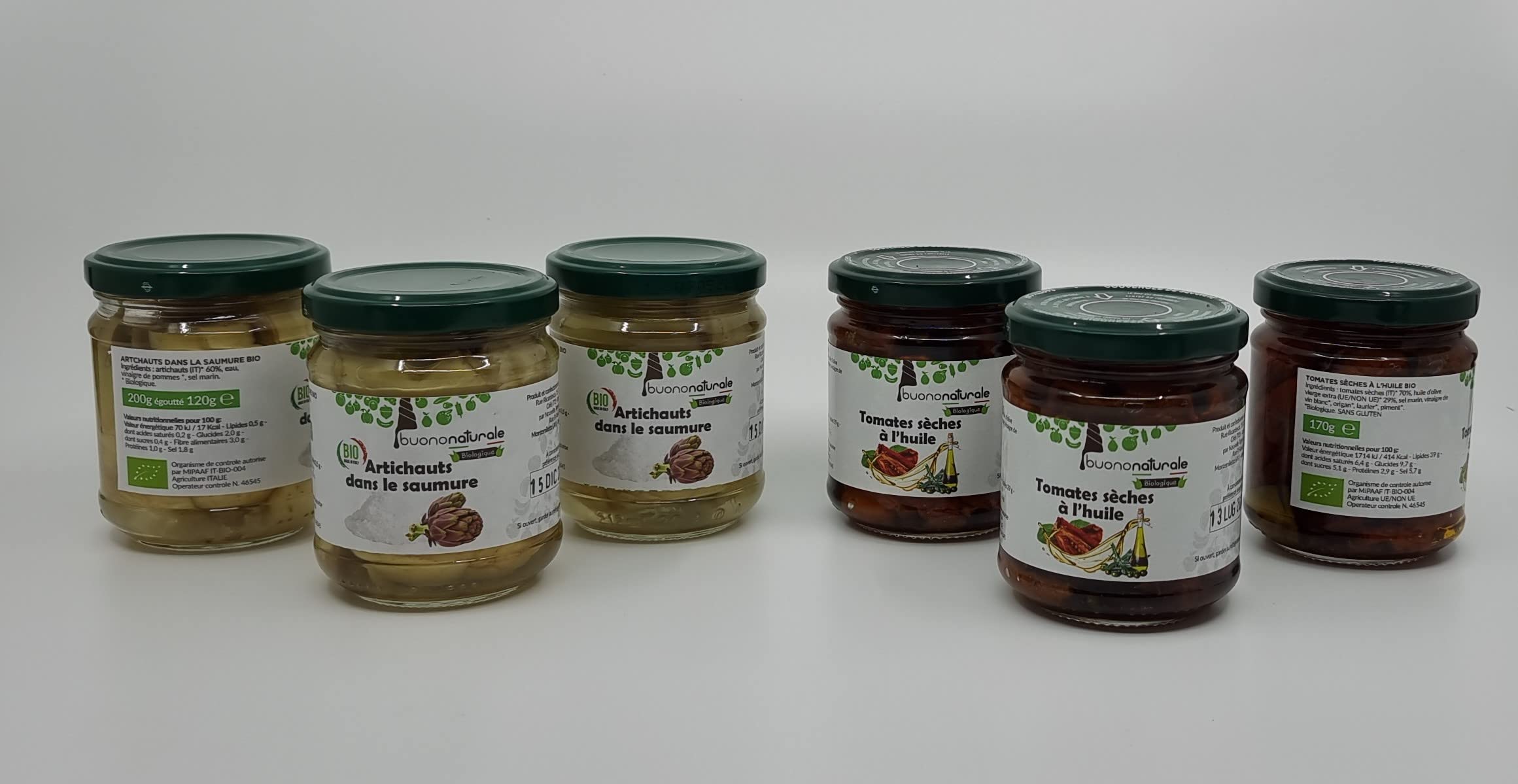 buononaturale Boîte aux artichauts et tomates BIO 1,11g — pack mixte de 3pcs Tomates séchées à l’huile BIO (3x170g) et 3pcs Artichauts dans le saumure BIO (3x200g)