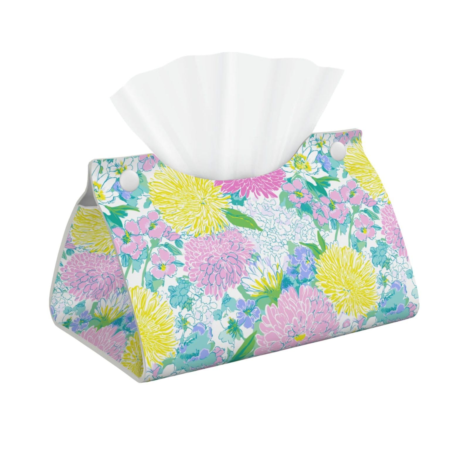 Whimsical Flowers Pink Yellow White Daisies Tissue Box Cover Rectangle Pu Leather Tissue Box Holder for Car Bathroom Bedroom Desk Tabletop Decor