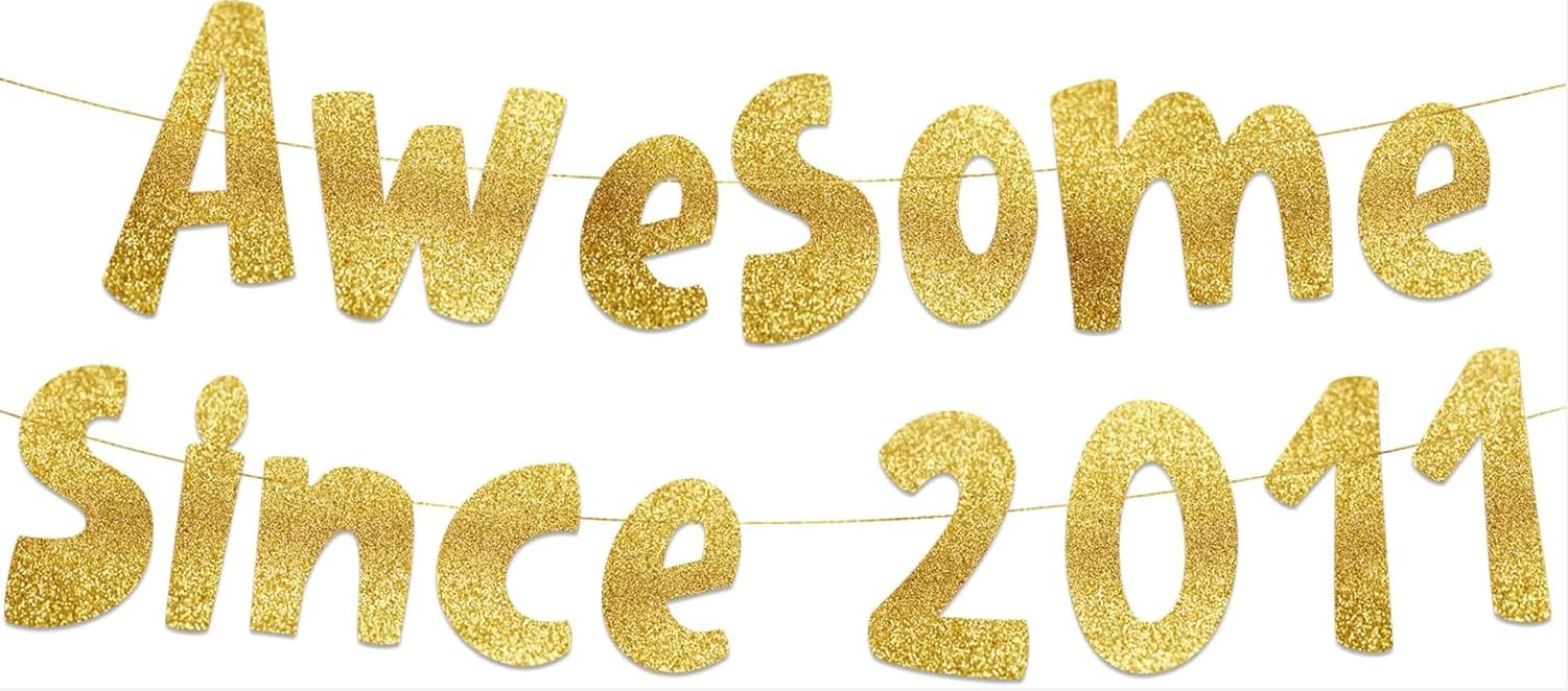 15th Birthday Banner - Awesome Since 2011 Gold Glitter Party Decorations - Ready to Hang Polyester Banner for Teen Birthday Party Supplies (3.9FT)