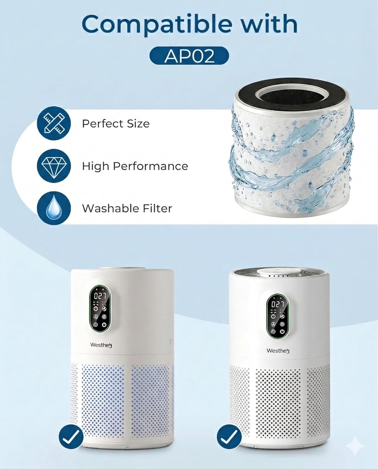 Air Purifiers for Home Large Room up to 1650 ft² True HEPA Air Filter Cleaner with Night Light Air Quality Monitor Sleep Mode (AP02+Washable Filter)