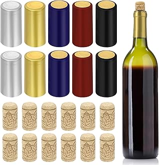 Swpeet 60Pcs 5 Colors Silver Black Red Gold Blue PVC Heat Shrink Capsules and atural Straight Wine Bottle Cork Tops Stopper Assortment Kit, Sealing Plug Bottle Cap with Shrink Wrap for Wine Bottles
