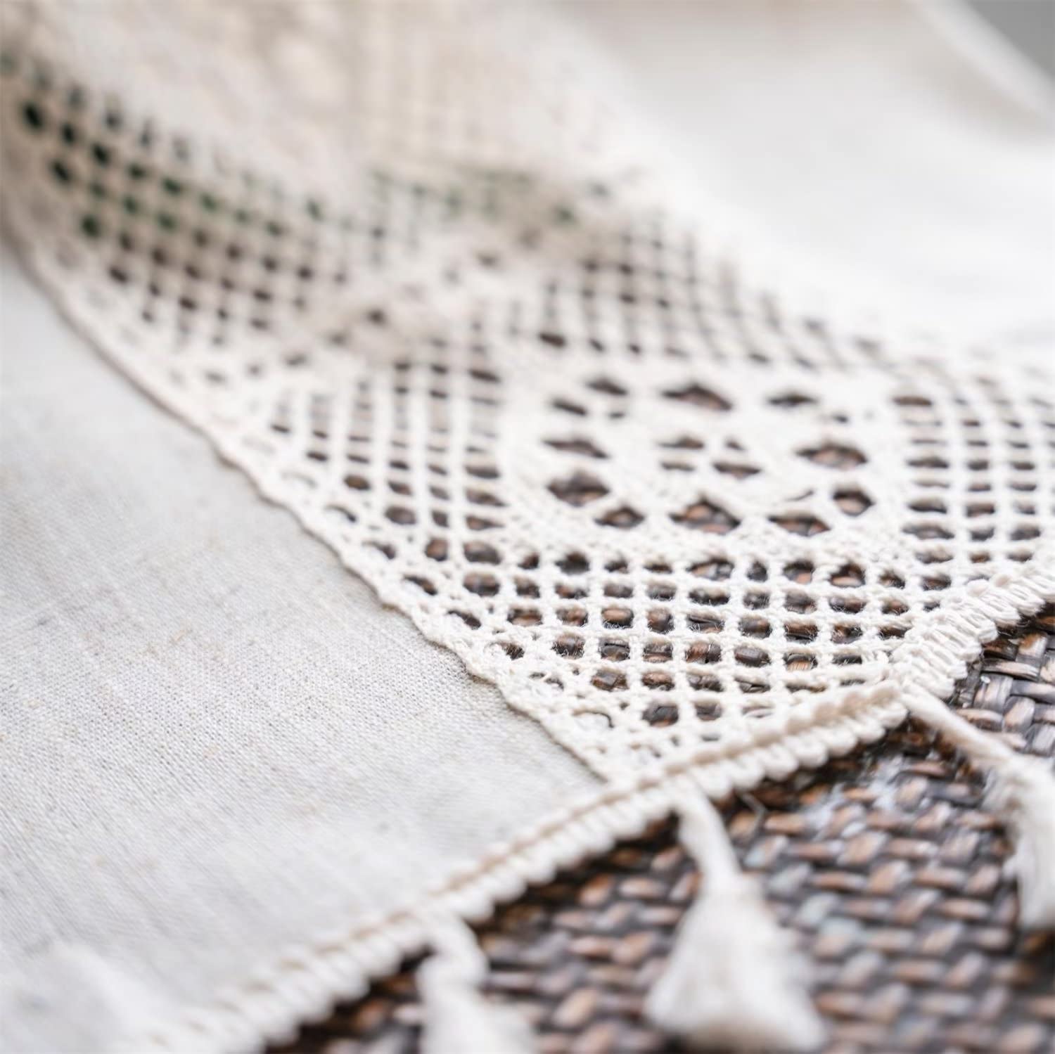 Vorhang Boho Leinen Vorhänge Beige Blickdicht Makramee Gardinen mit Quasten und Häkeln Stricken Vertikale Streifen Deko für Wohnzimmer Schlafzimmer Esszimmer, 1 Stück, B150xH175cm
