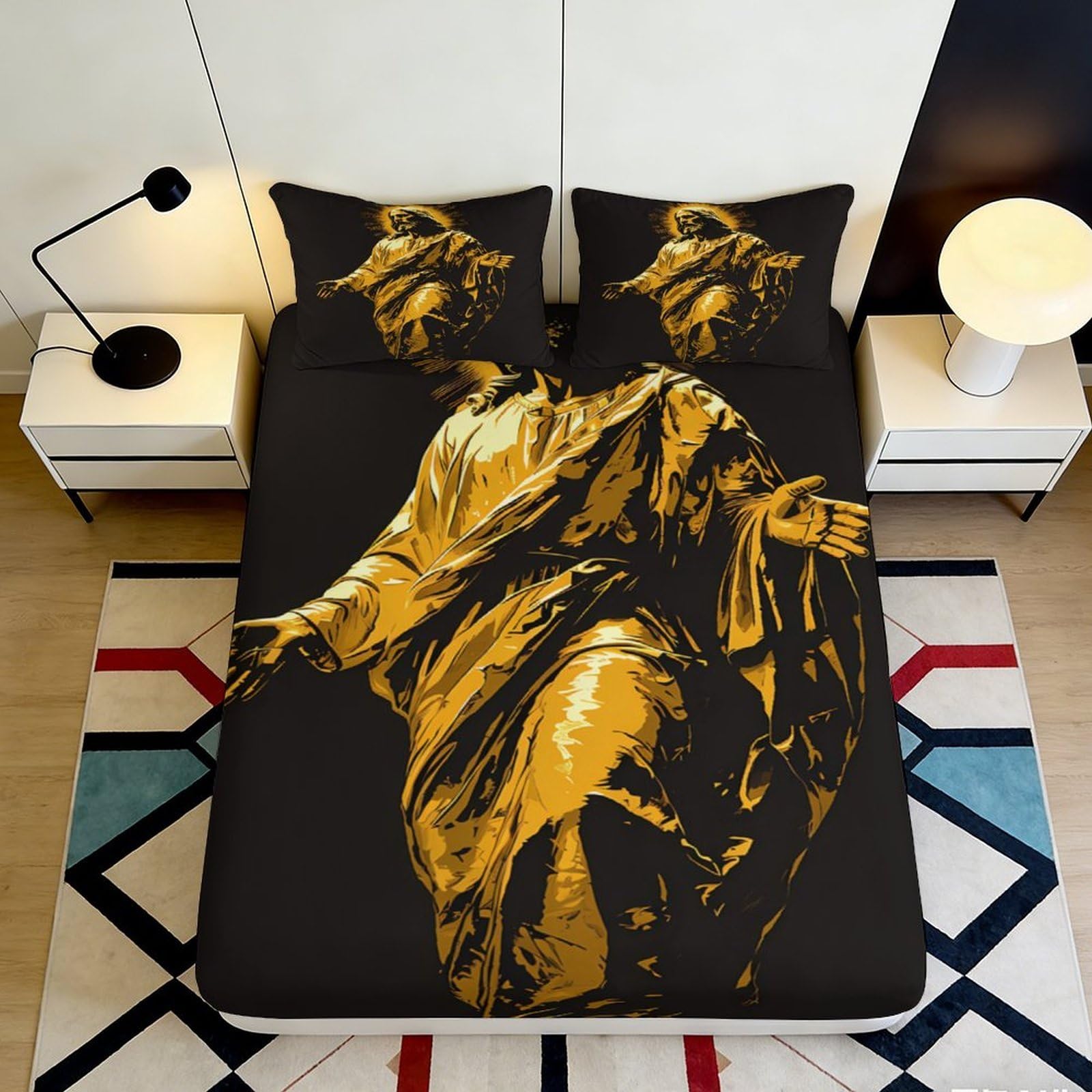 3D Printed Golden Statue Fitted Sheet Microfiber Black Artistic Figure Mattress Cover for Bedroom Guestroom Decor 90x200x25cm