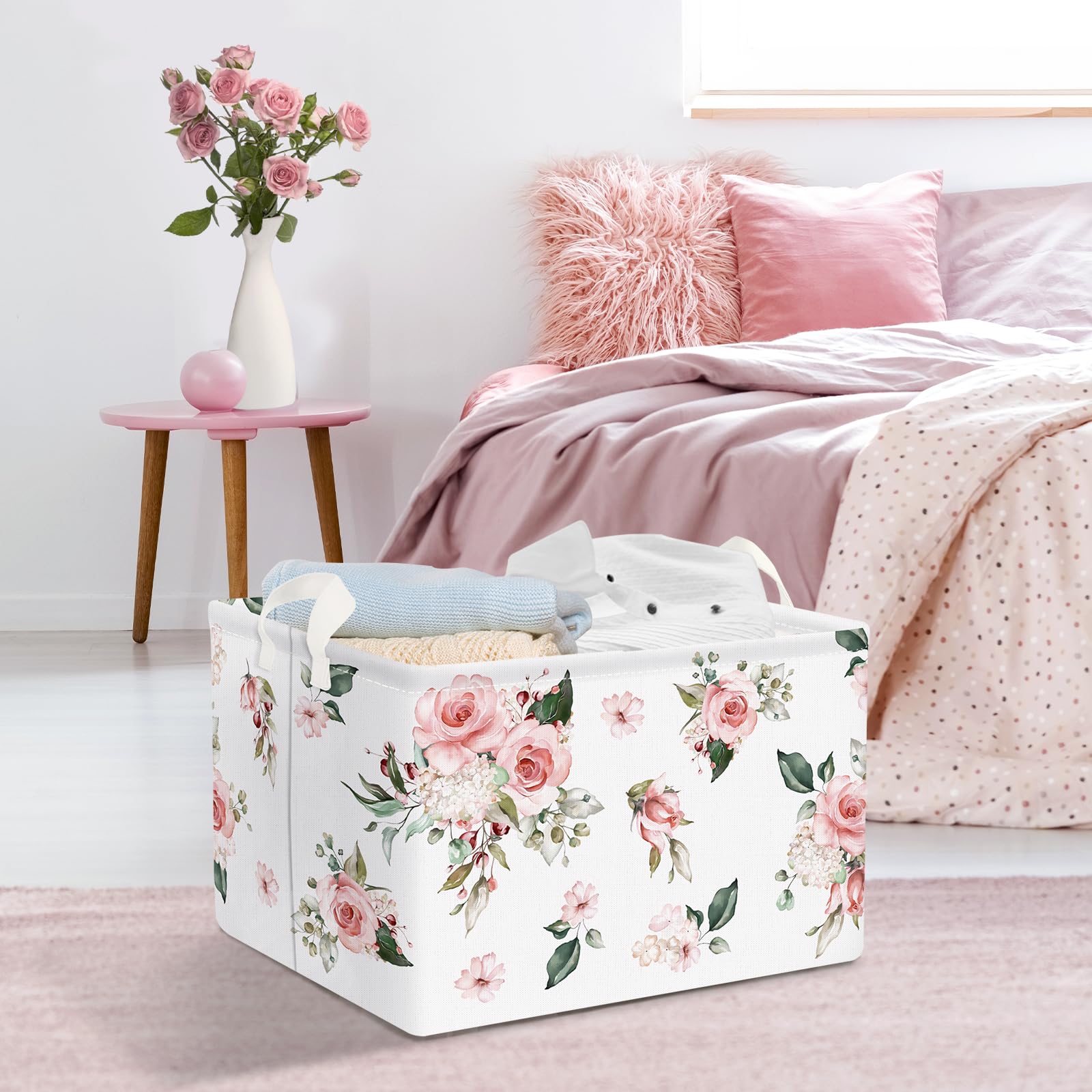 Clastyle Paniers Rangement Elégante Fleur Blanche Rose Boîtes de Rangement Cubique pour la Chambre des Enfants, 36x26x23 cm