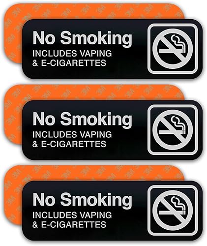 Paquete de letrero de no fumar, no fumar, incluye vapeo y cigarrillos electrónicos, acrílico negro, texto blanco, 9 x 3 pulgadas, juego de 3