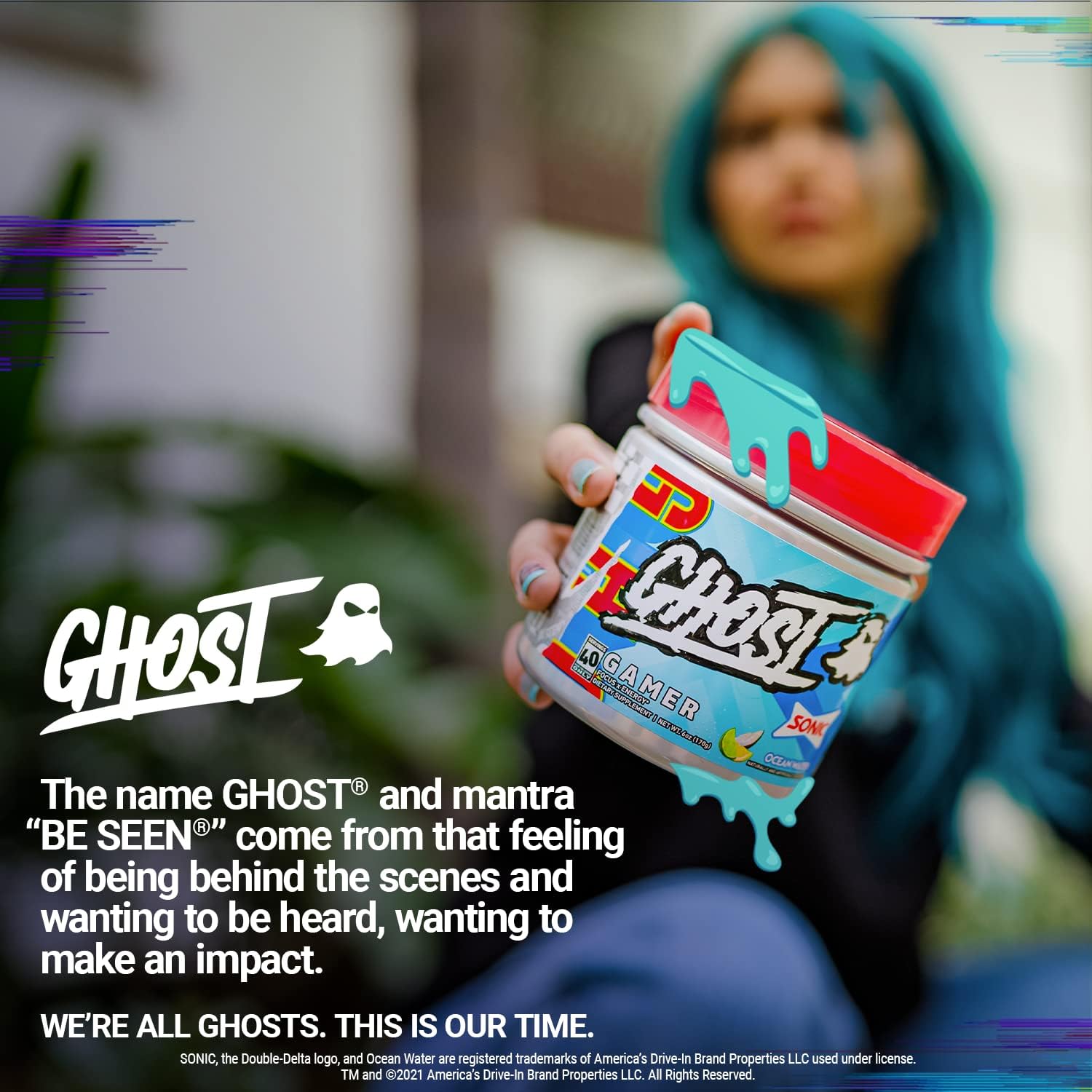 GHOST Gamer: Energy and Focus Support Formula - 40 Servings, Sonic Ocean Water - Brain-Boosting Nootropics & Natural Caffeine for Attention, Accuracy & Reaction Time - Vegan, Gluten-Free