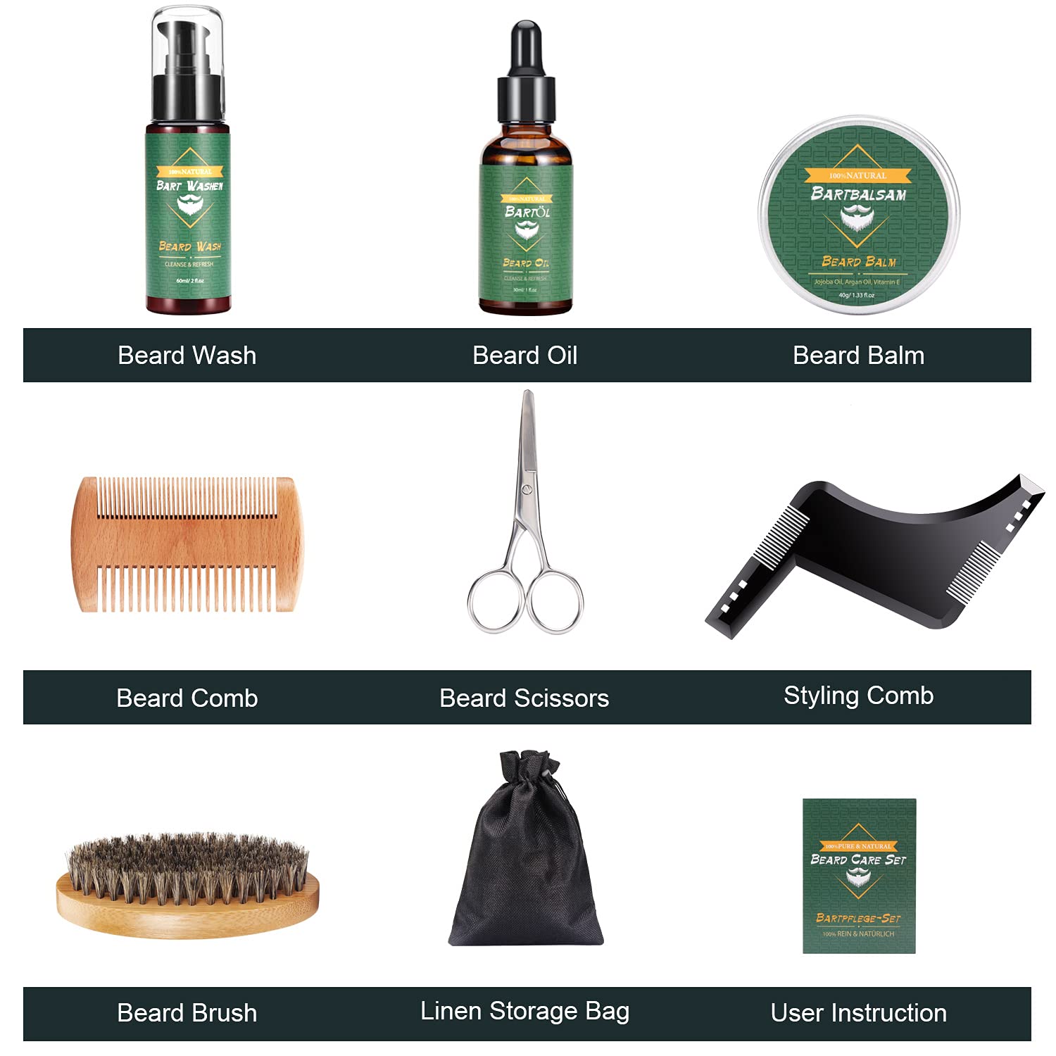 Kit Barba per Uomo 9 in 1 kit per La Cura della - Cura Barba con Olio Barb, Balsamo, Shampoo Barb, Spazzola, Pettine, Forbici, Borsa di Stoccaggio, Perfetto Regali per Uomo