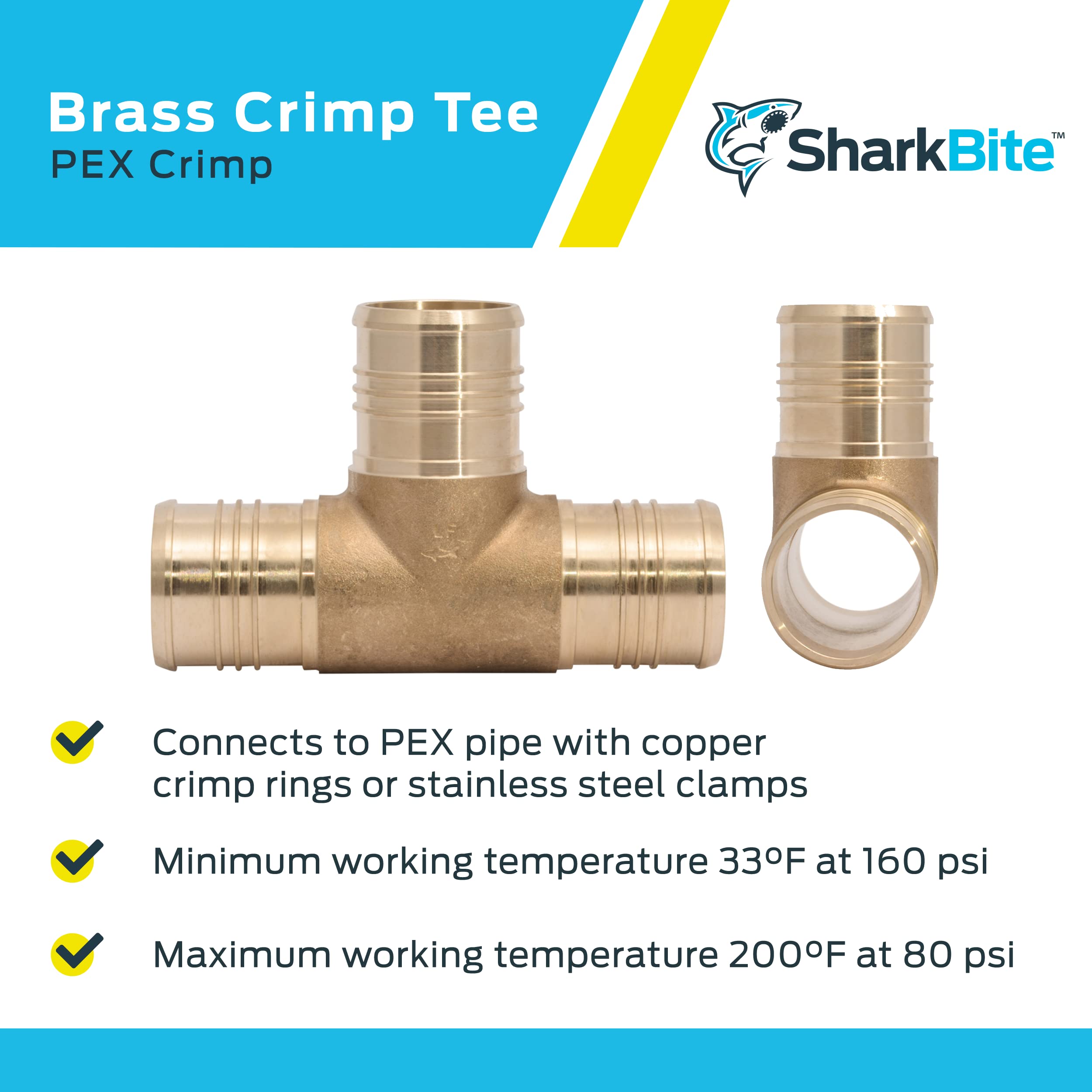 SharkBite Té à sertir de 5,1 cm, raccord de plomberie en laiton, tuyau PEX, PE-RT, UC0854