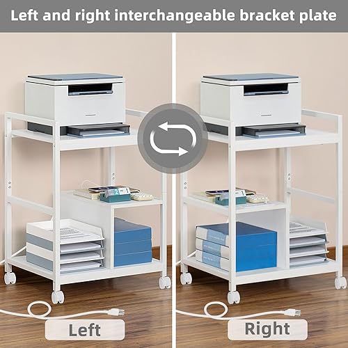 Miniatura 8 de Lerliuo Soporte de impresora con estación de carga y puertos USB, mesa de impresora móvil grande de 3 niveles con estante de almacenamiento, carrito