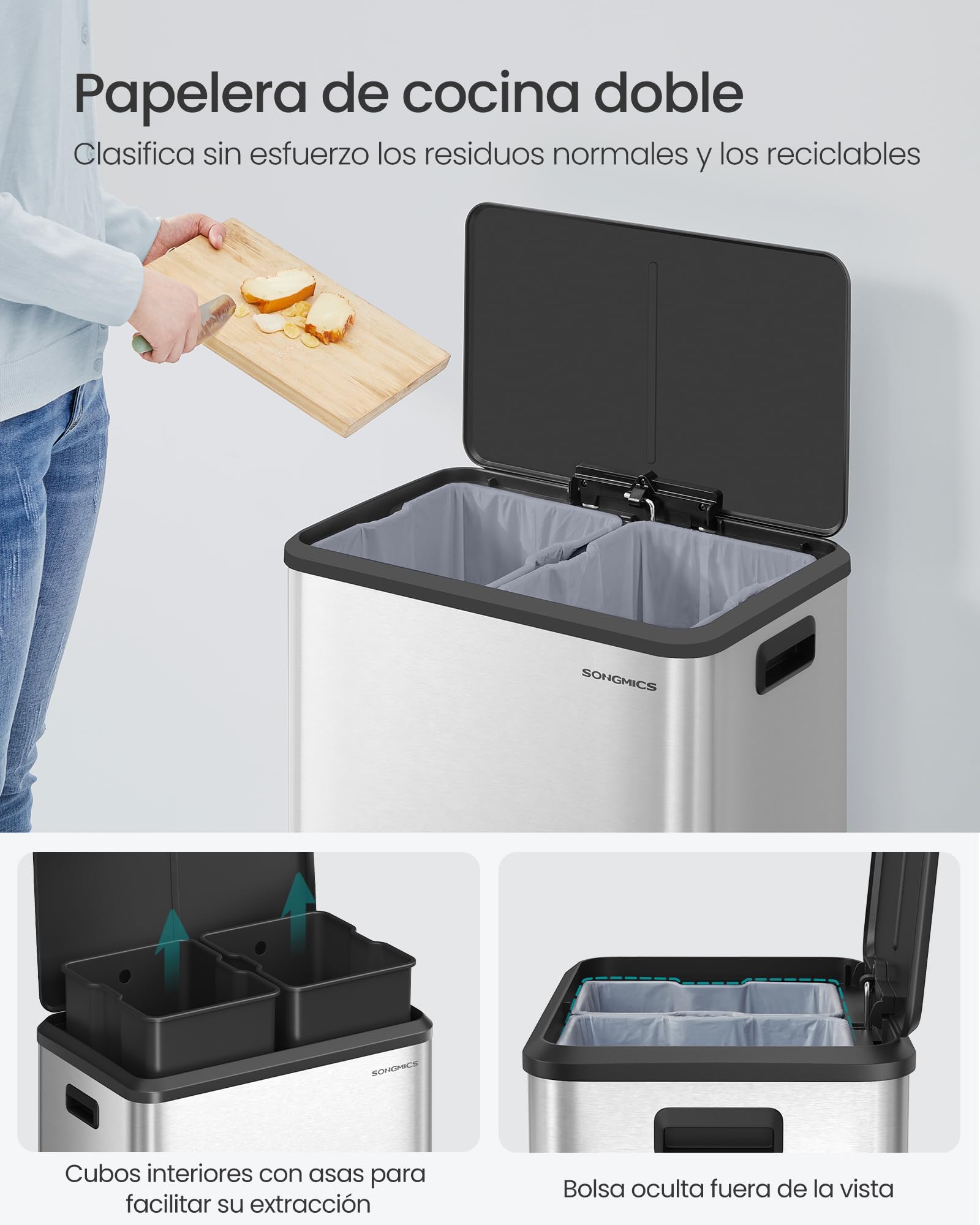 SONGMICS Papelera de Cocina, 2 x 30 L Cubo Doble para Reciclaje y Basura, Cubos Interiores, Acero Inoxidable, Tapa de Cierre Suave, Pedal Ancho y Robusto, Plata Metálico LTB556E01
