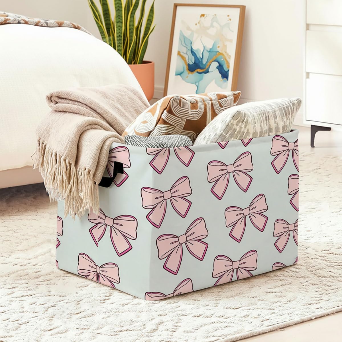 Gray Bow Foldable Laundry Basket Hamper with Handles, 56L Large Capacity Toy Storage Organizer, Collapsible Clothes Hamper for Home Decor and Bedroom Organization. image 2