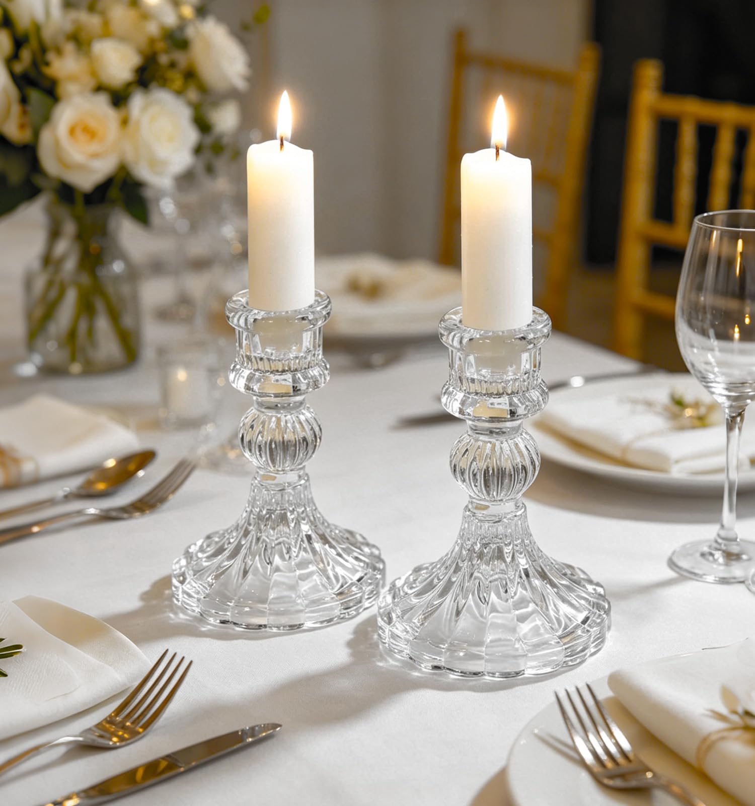 Kerzenhalter Glas, Klare Kerzenhalters für Kerzenständer, 10cm Hohe Gestreifte Kristall-Kerzenhalter, Dekorativer Candle Holder als Tischdekoration für Hochzeiten, Feste, Dinnerpartys, 2 Stück