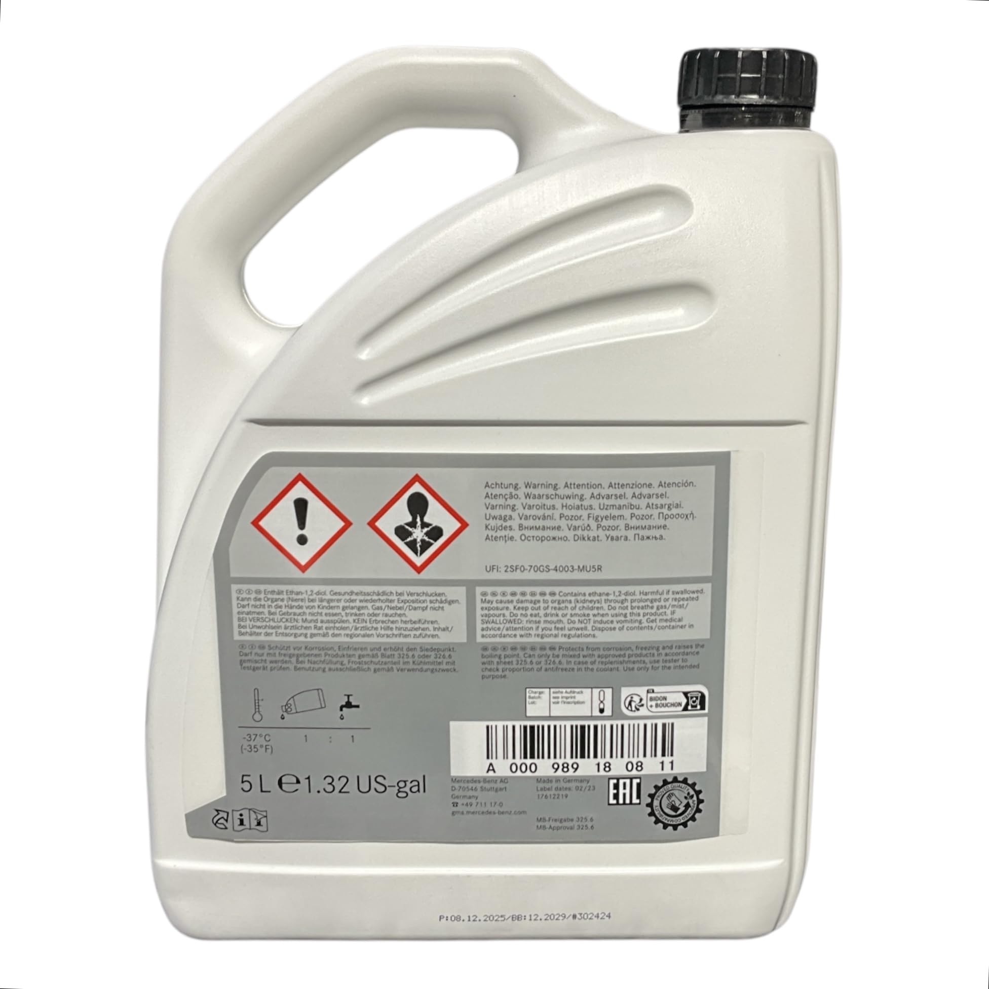 Mercedes-Benz Original Líquido Anticongelante Refrigerante Puro MB 325.6 5L, A000989180811
