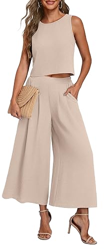 Lepunuo Womens Summer 2 Piece Outfits Sleeveless Crop Top Flowy