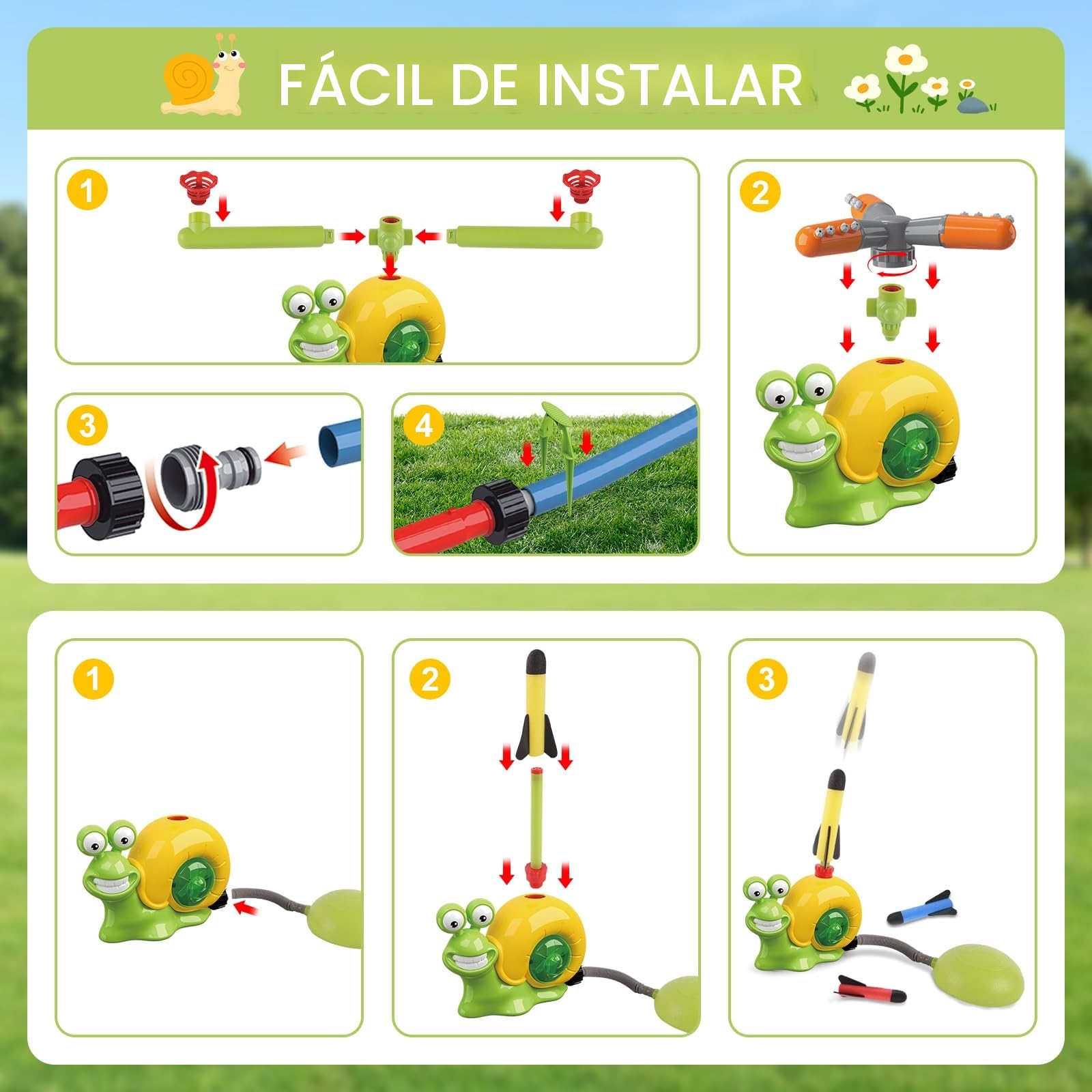 deAO 4 en 1 Aspersores Juegos de Agua Exterior para Niños - 2 Lanzador Béisbol, 3 Cohetes, 1 Aspersores 360° - Juegos Exterior Verano Jardín/Piscina Diversión para Niños y Niñas