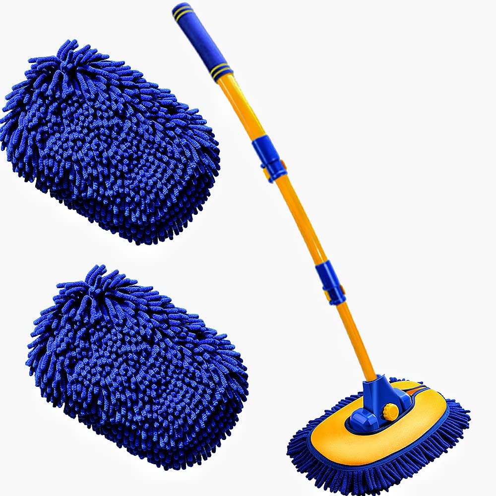 Upgrade Car Wash Brush with Long Handle,Chenille Microfiber Car Cleaning Brush Supplies Kit Car Wash Mop Accessories Car Washing Brush with Scratch-Free Replacement Head(Blue