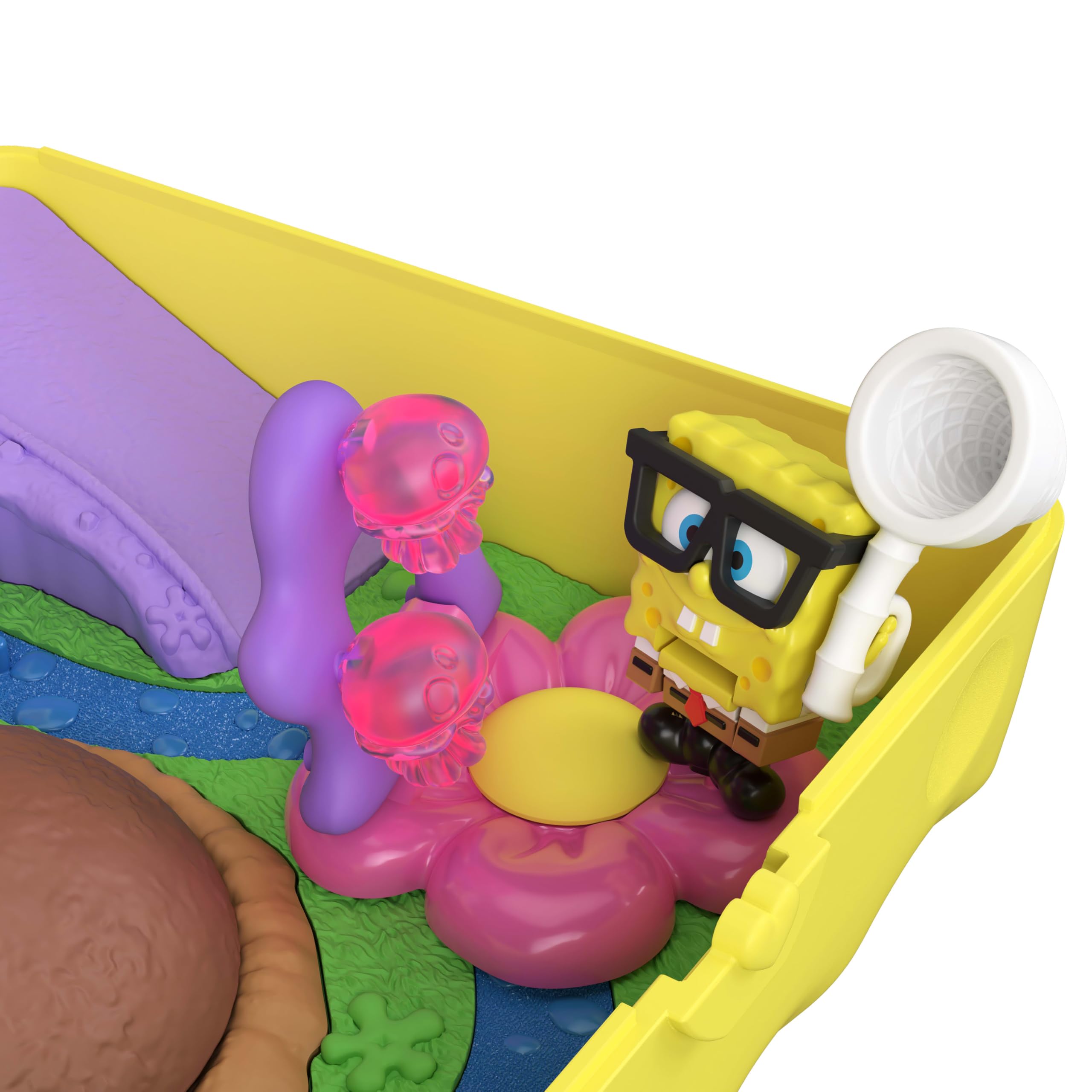 Polly Pocket x Bob Esponja Estuche de colaboración Conjunto de Juego con minimuñecos de Bob Esponja y Patricio, 7 Accesorios Incluyendo Mascota Gary, JKC84