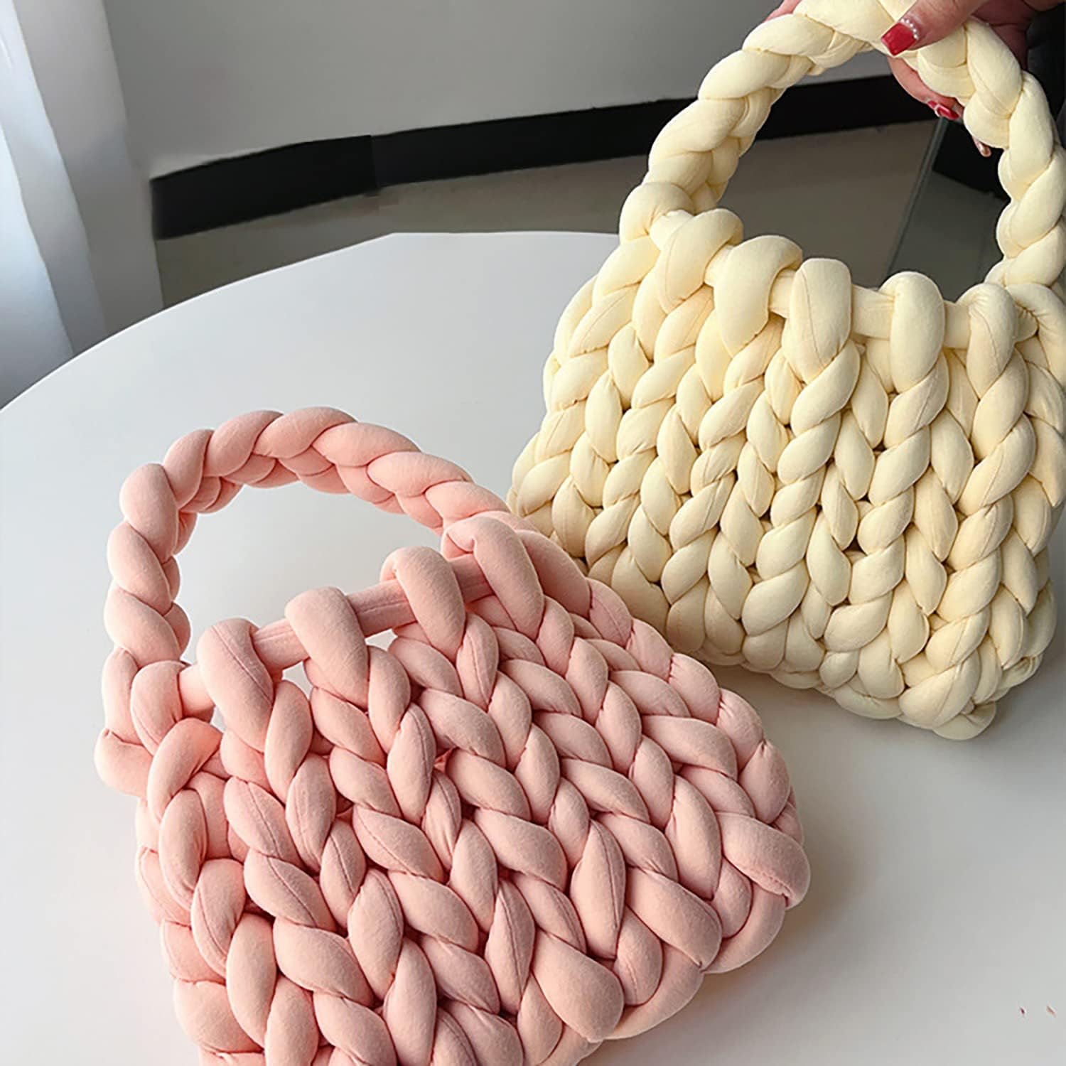 Thick Bulky Giant Wool Handwoven Handbag,Chunky Yarn Knit Shoulder Bag,Casual Soft Purse,Braided DIY Bucket Bag - Image 5