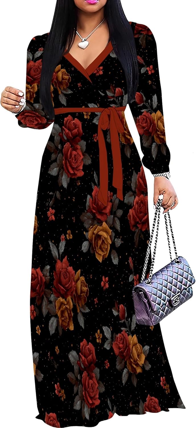 PinkPatty Women's Long Sleeve Maxi Dress Plus Size Casual V Neck Wrap Dress with Pockets&Belt S