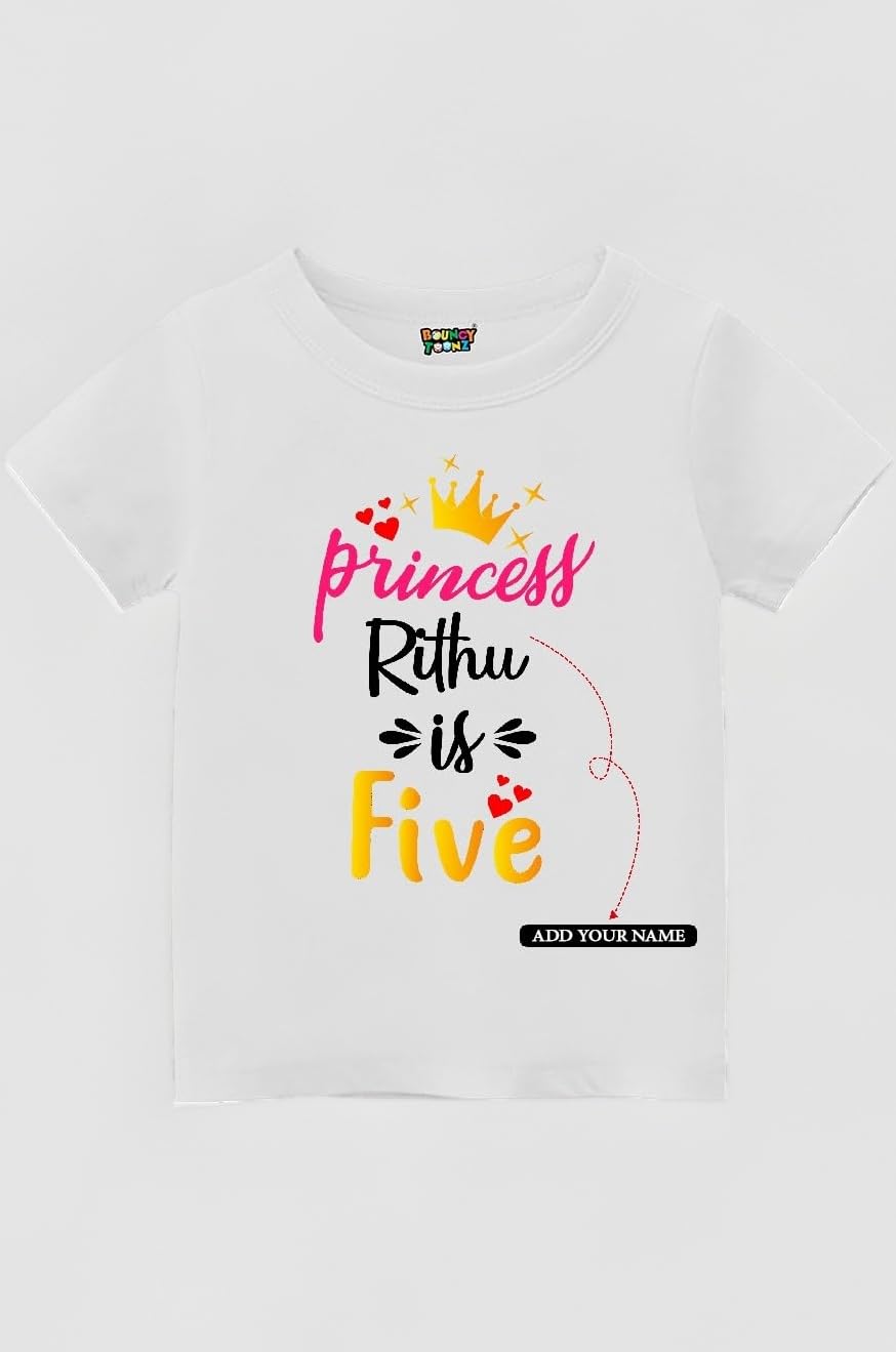 Princess is Five Printed T Shirt for Kids Toddlers Girls Name Customised 100% Cotton Half Sleeve - Personalised Dress