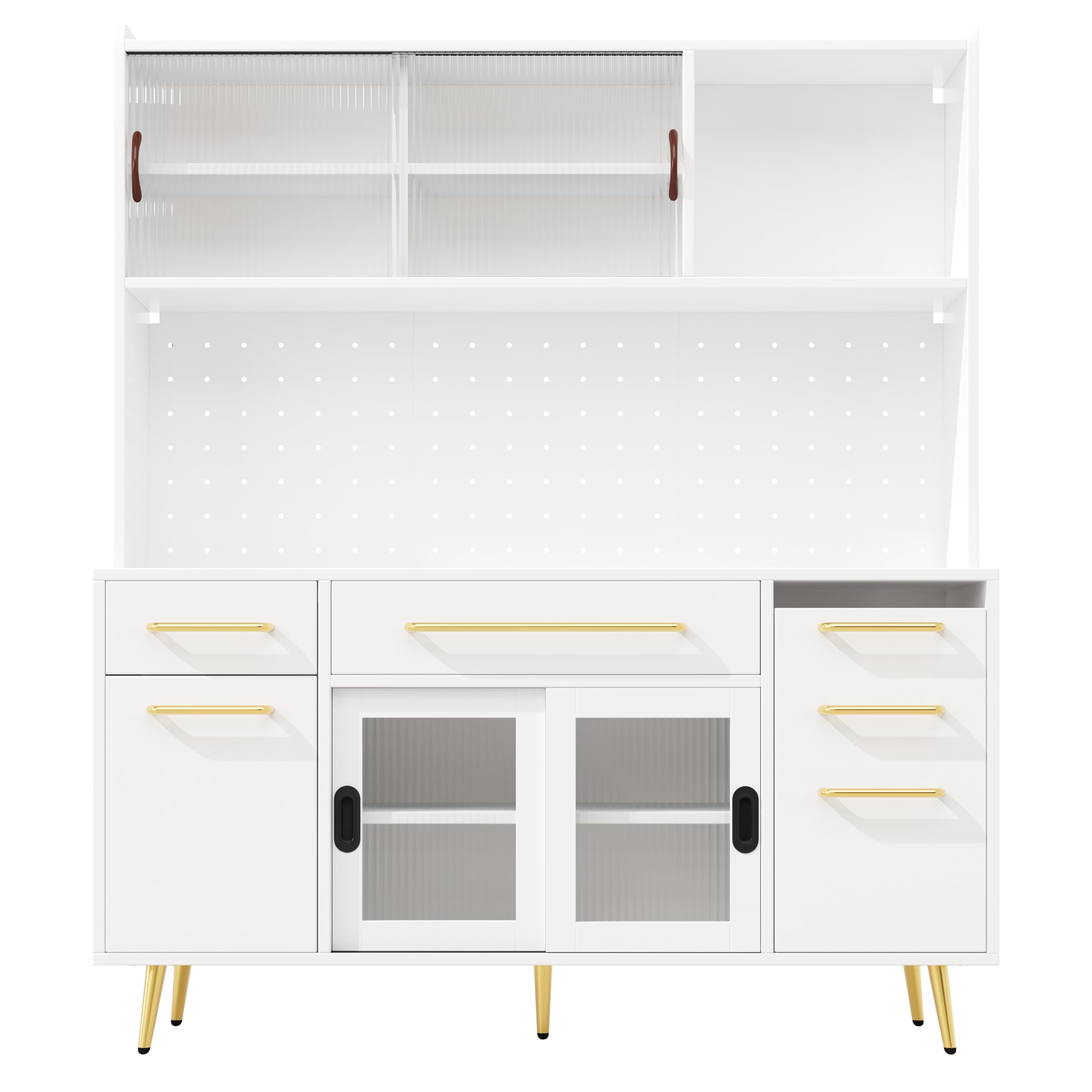 Credenza bianca 145 × 39 × 171 cm, armadio alto per cucina e soggiorno, armadietto con parete forata, cassetto e porta in vetro