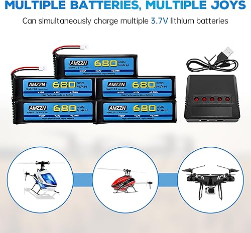 Miniatura 2 de 5 unidades 3.7 V 680 mAh 1S Lipo batería con enchufe Molex y cargador 5 en 1 para Wltoys XK K110 K110S V977 V988 V930 Q282 RC Drone, cuatro ejes