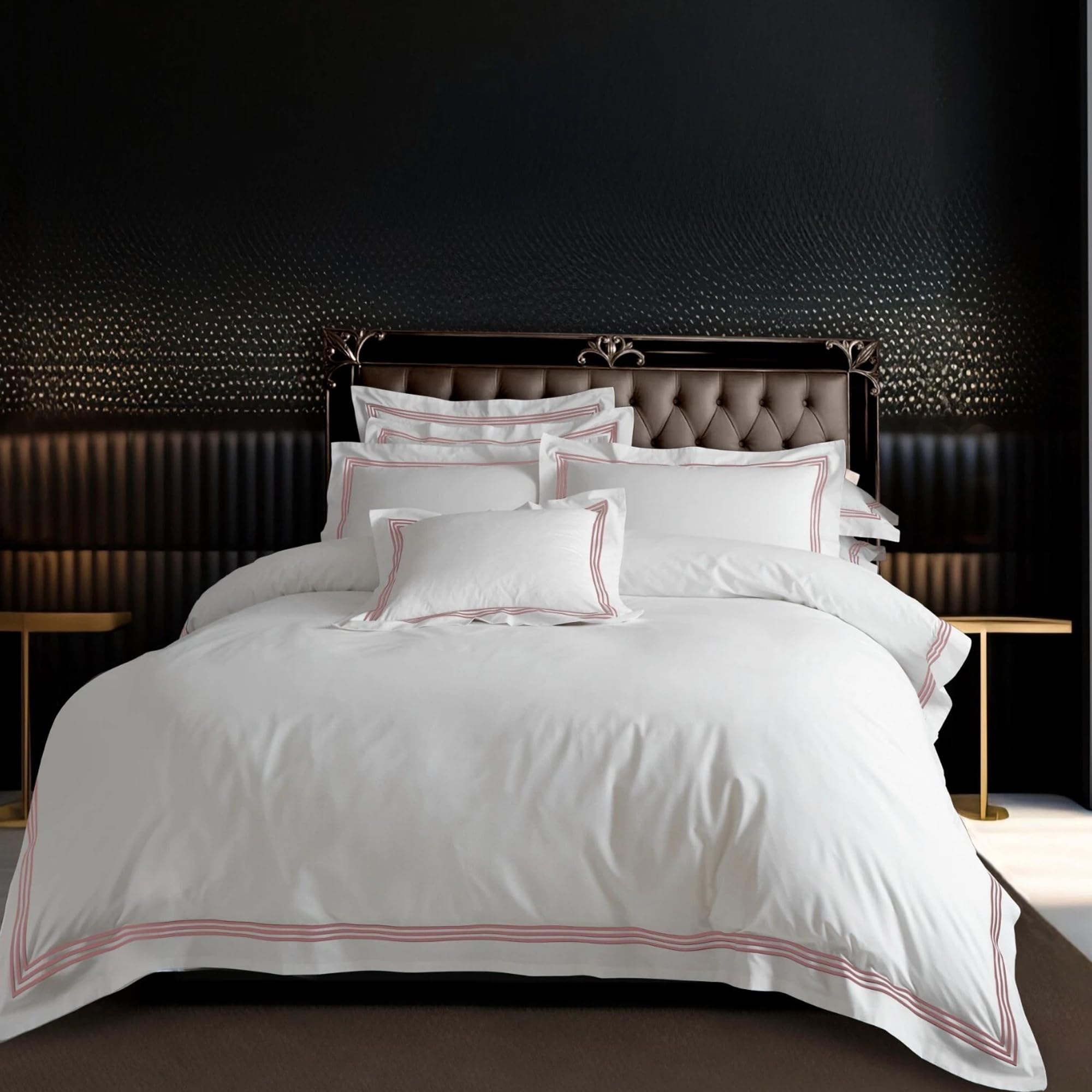 Lions White/Pink Bedding Set - Embroidered Border Double Bed Duvet Cover With Pillowcase, Premium Soft Poly Cotton Plain Quilt Covers, Hotel Quality, 200X200cm
