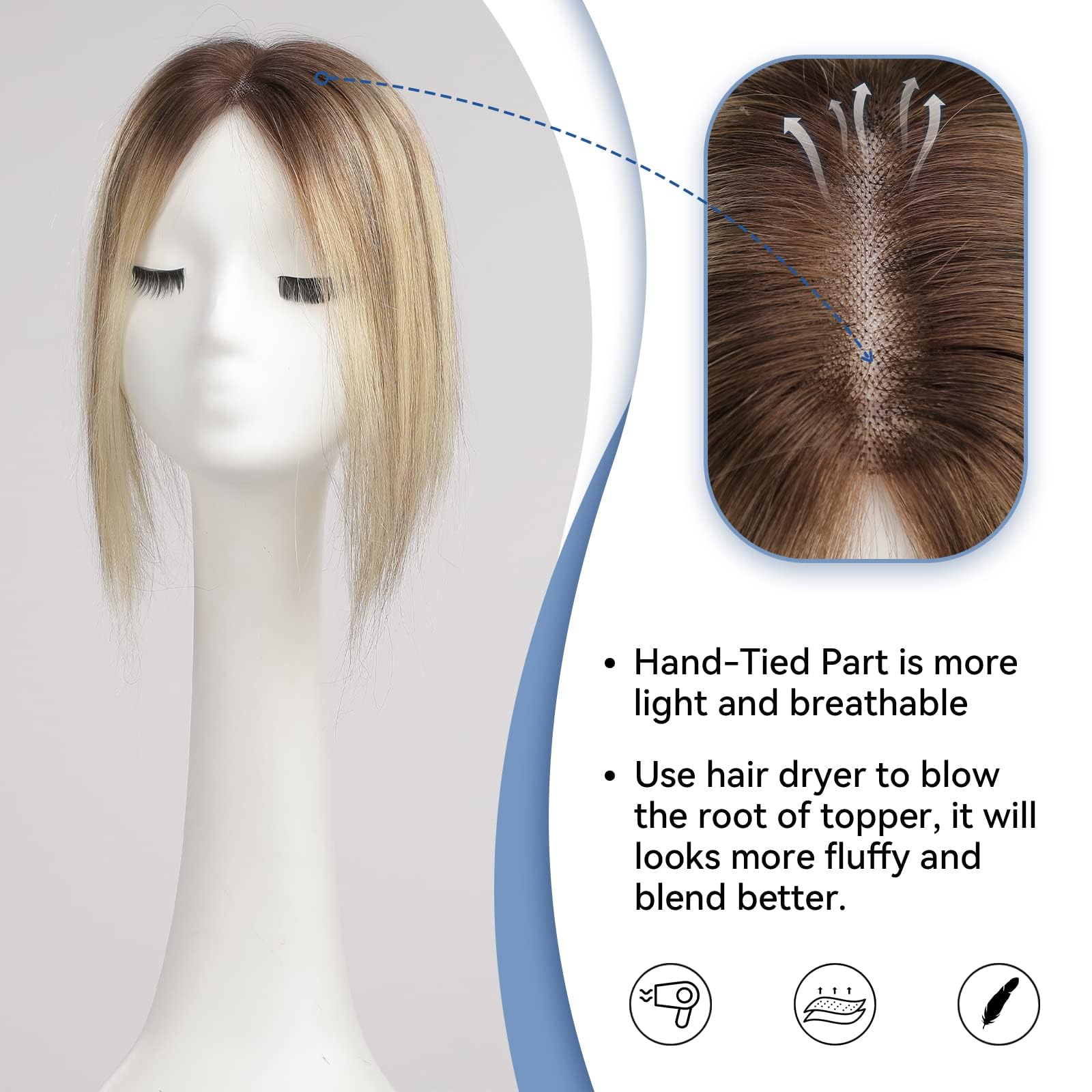 EMMOR Echthaar Toupets für Frauen, 100% handgeknüpfte Toupets mit Schweizer Spitzenbasis, Größe 3,5 Zoll x 4 Zoll, 12 Zoll