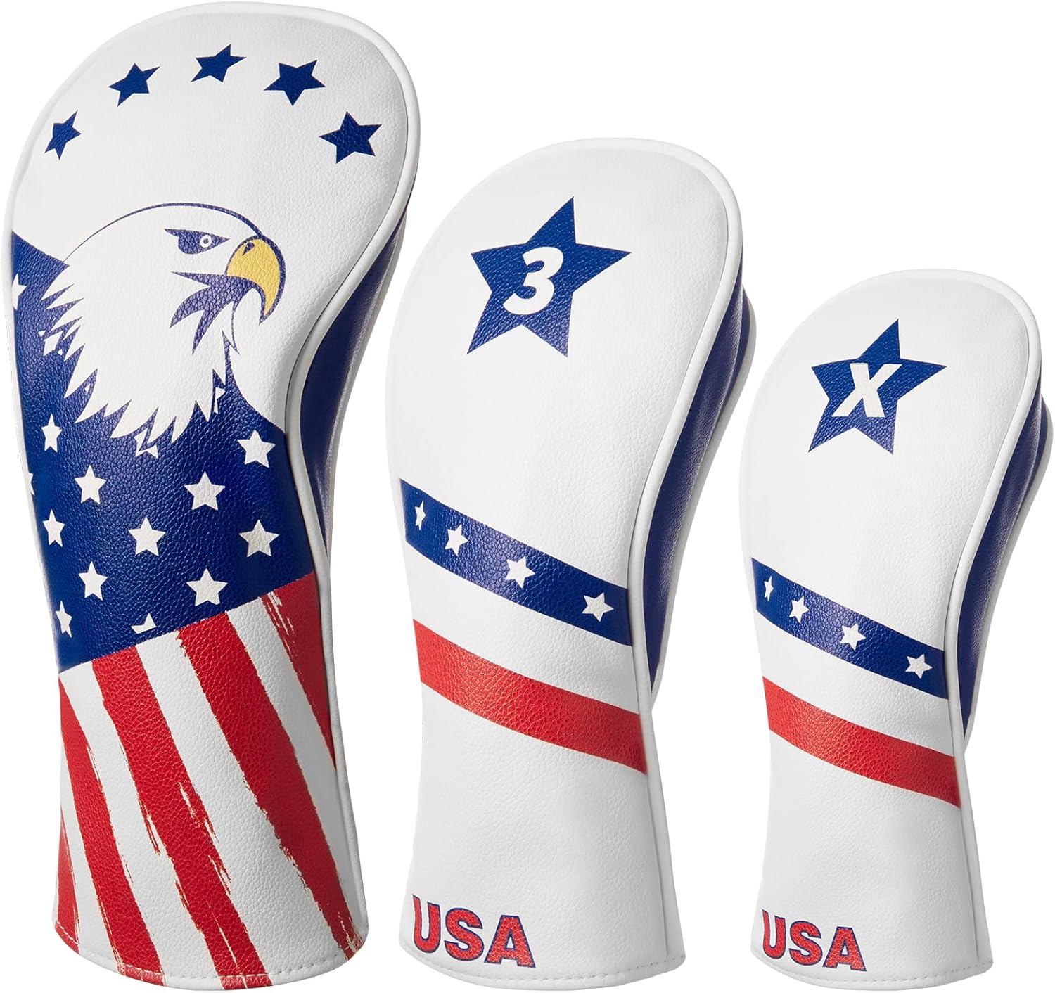 Fitense Golf Head Covers, 3 Pack Golf Club Head Covers USA Stars and Stripes, Velour Lined for Extra Club Protection, Designed to Fit All Woods and Drivers Velour Lined
