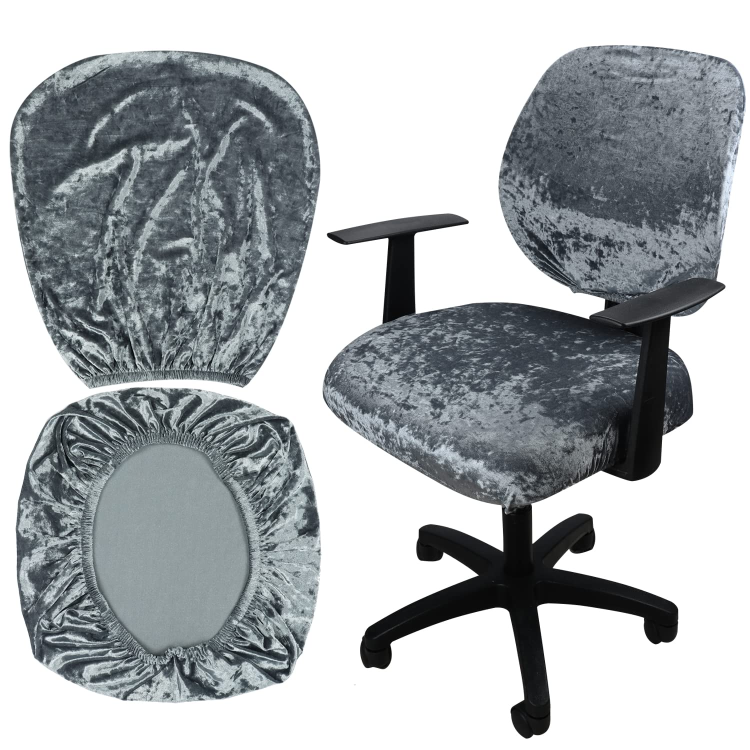 Tesytto Stretch Spandex Velvet Computer Office Chair Covers, Removable Washable Universal Chair Slipcovers for Hotel Home Bar Wedding Party Decor (Grey, Chair Seat Cover + Backrest Cover)