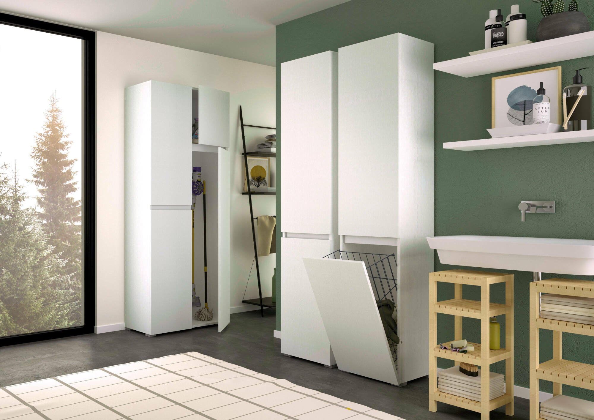 Dmora - Armadio multiuso 2 ante Agapanto, Mobile lavanderia a 2 ante, Colonna da bagno con cestello portabiancheria, 100% Made in Italy, 45x37h195 cm, Bianco