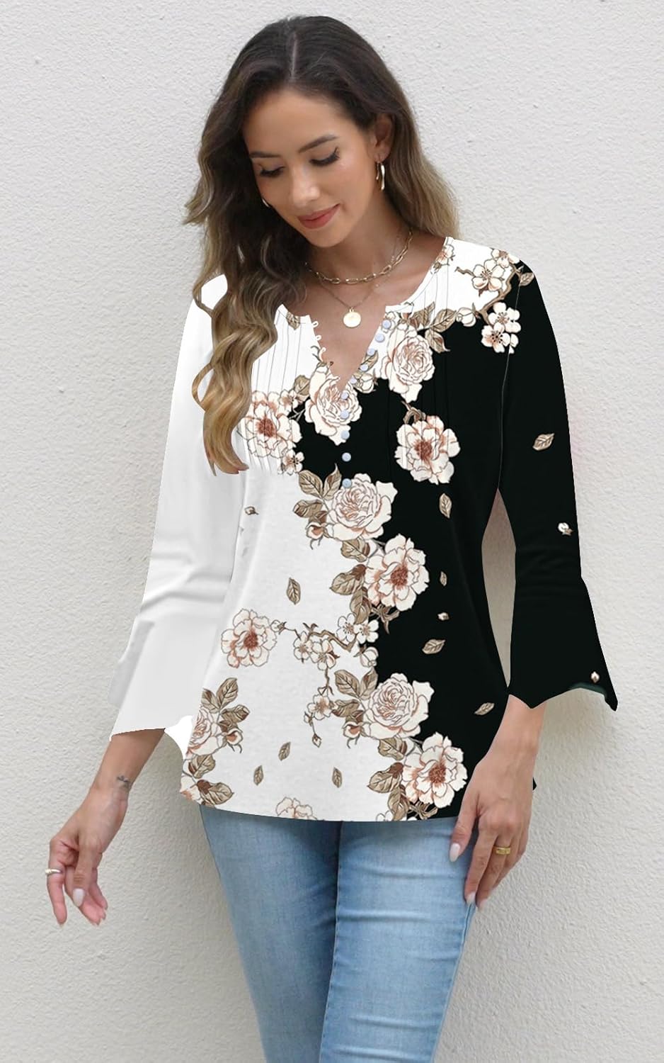 Womens Tops Dressy Casual Pleated Button Neck Summer Blouses 3/4 Flared Sleeve Fall Shirts - Image 3