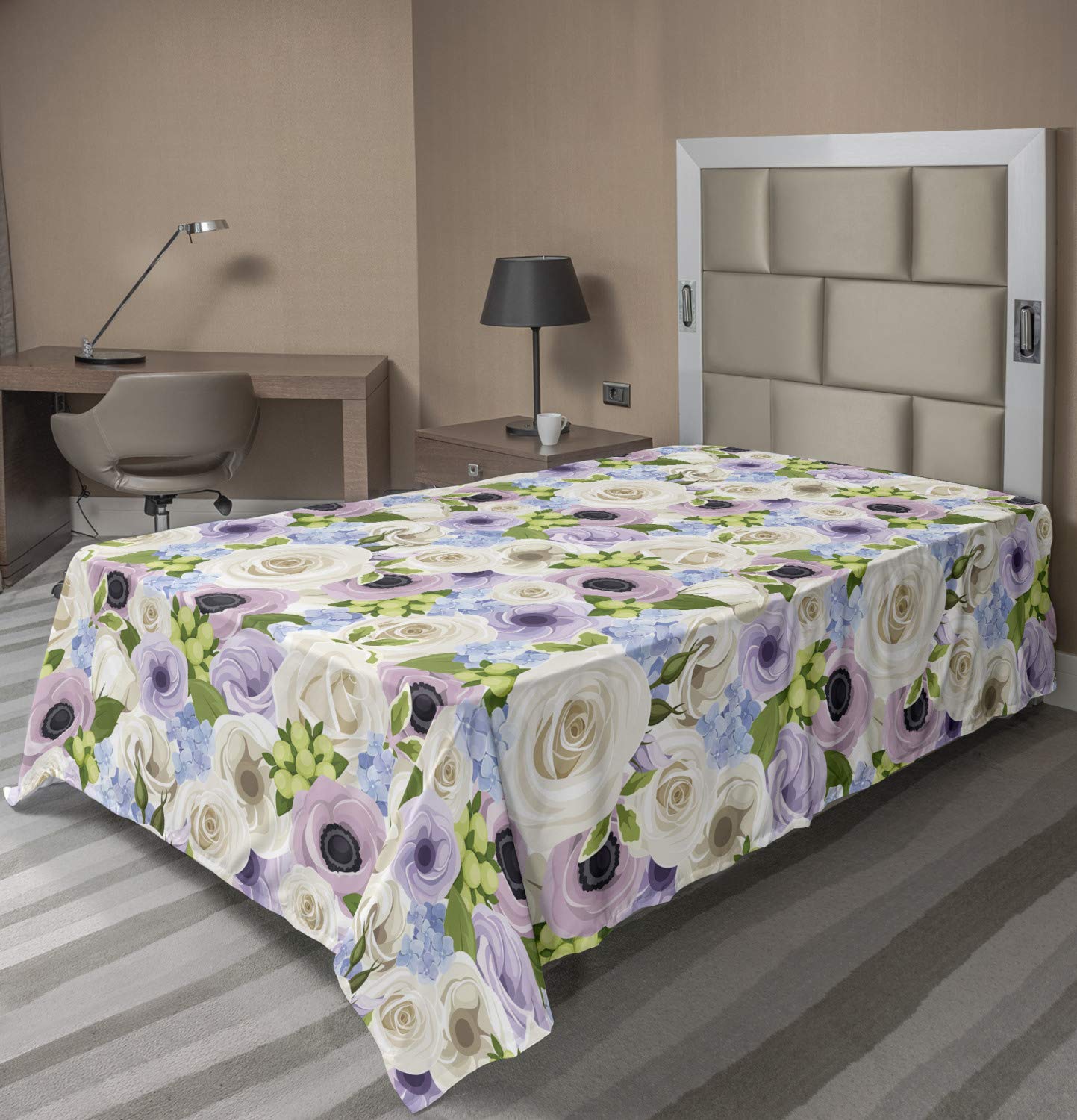 Ambesonne Floral Flat Sheet, Repetitive Spring Awakening Theme of Rose Flowers Bouquet Hydrangea Arrangement, Soft Comfortable Top Sheet Decorative Bedding 1 Piece, Twin Size, Multicolor