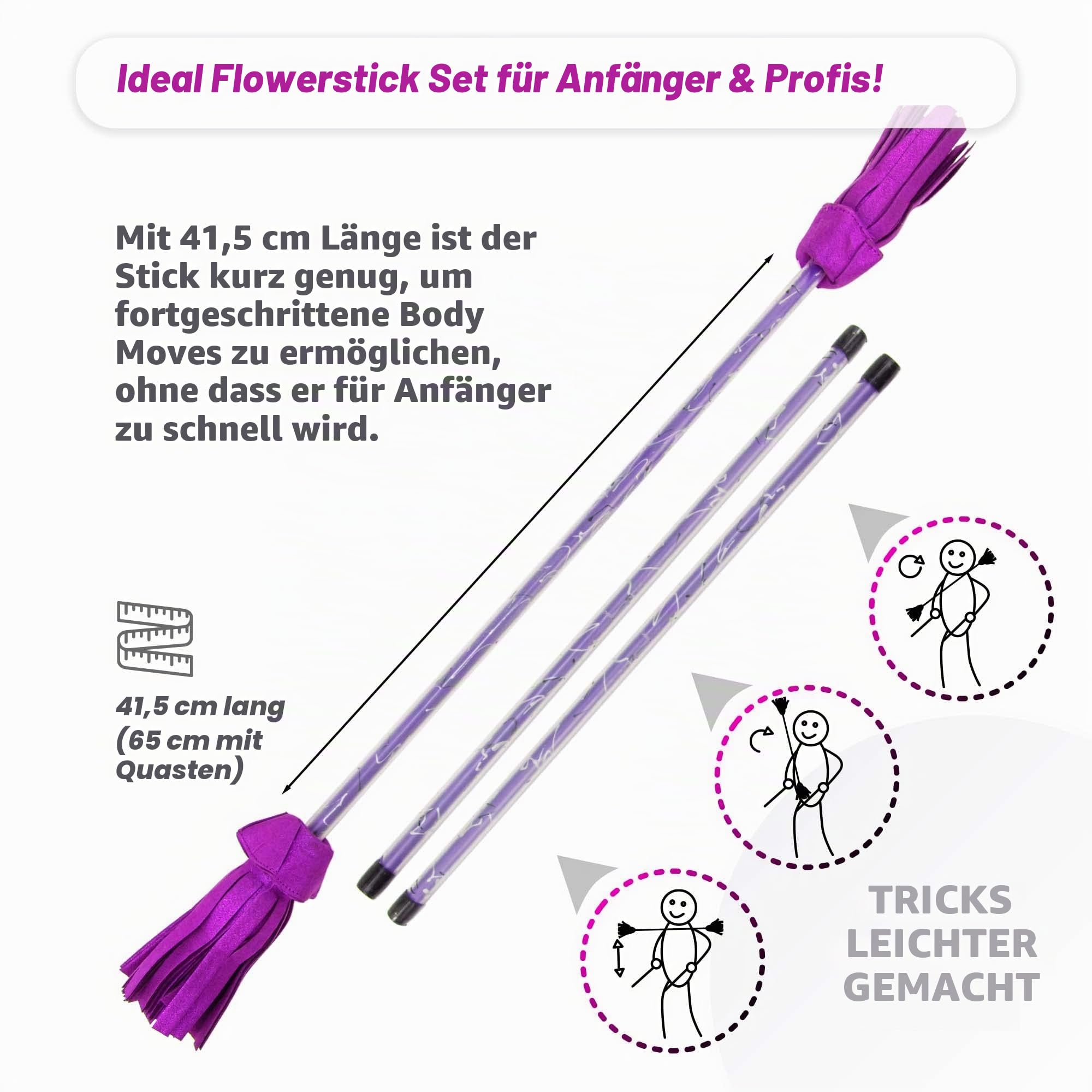 Juggle Dream Picasso Flowerstick Set inkl. Handstäbe Fiberglasstock Silicone Grip Wildlederfransen Lila Silber