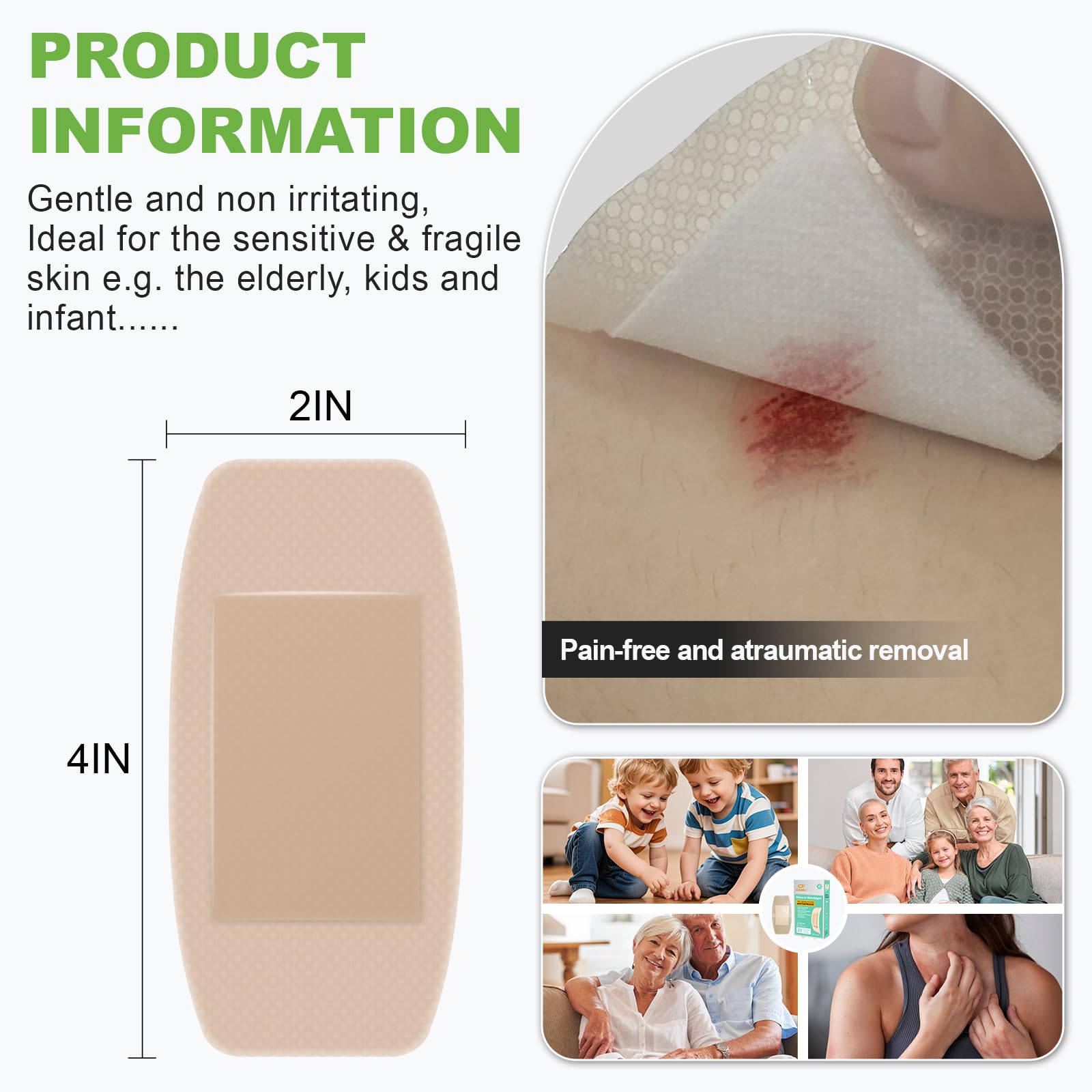 Wasserdichte Silikonbandagen für empfindliche Haut, 5,1 x 10,2 cm, 20 Stück | Schmerzfreie Entfernung, latexfrei, hypoallergen, atmungsaktiv, extra große Klebebandagen für die Wundpflege