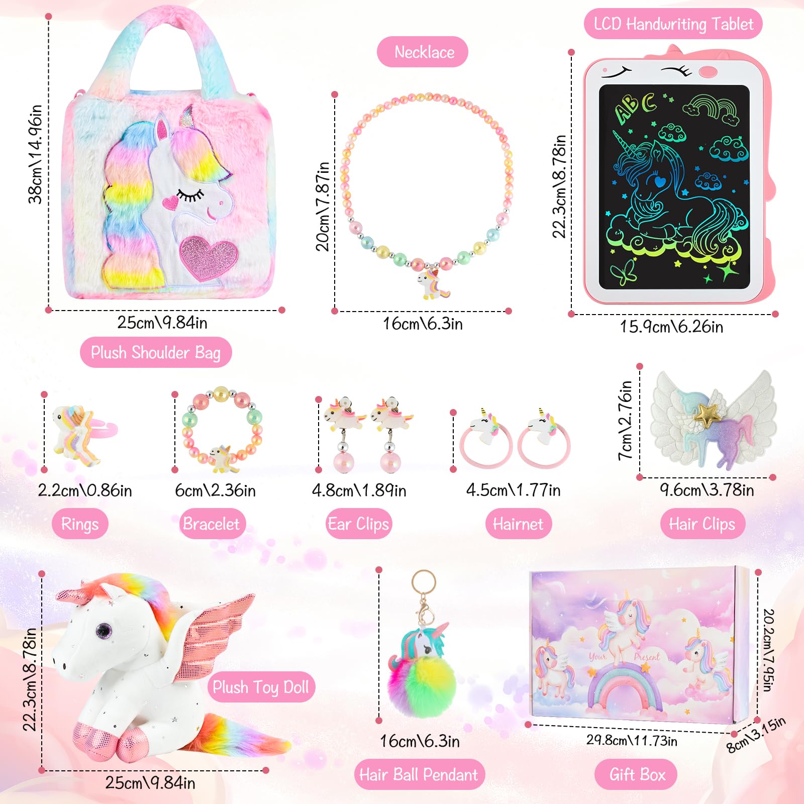 Euakee Unicornio Juguete Regalos Cumpleaños para Niñas 4-10 Años, Set de Joyas, Bolsa de Peluche, Colgante (Colorido)