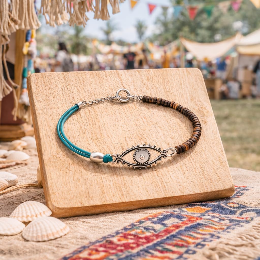 Evil Eye Anklet for Women, Turquoise Leather Ankle Bracelet